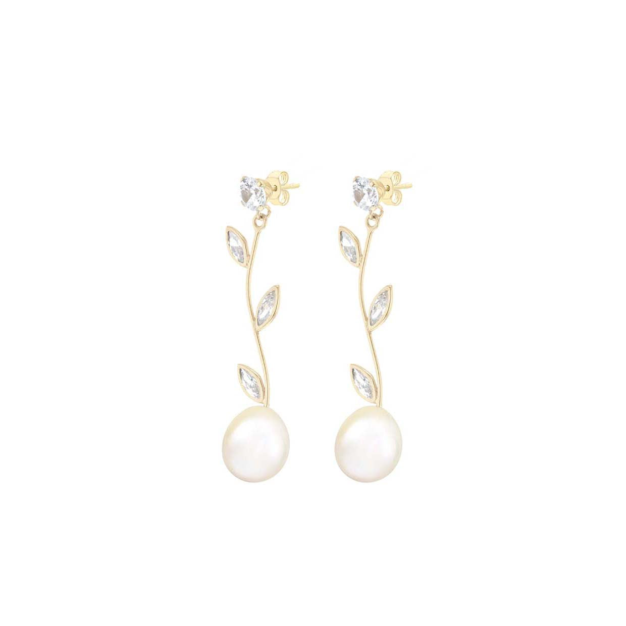 9ct Yellow Gold Zirconia & Freshwater Pearl Flower Stem Drop Earrings