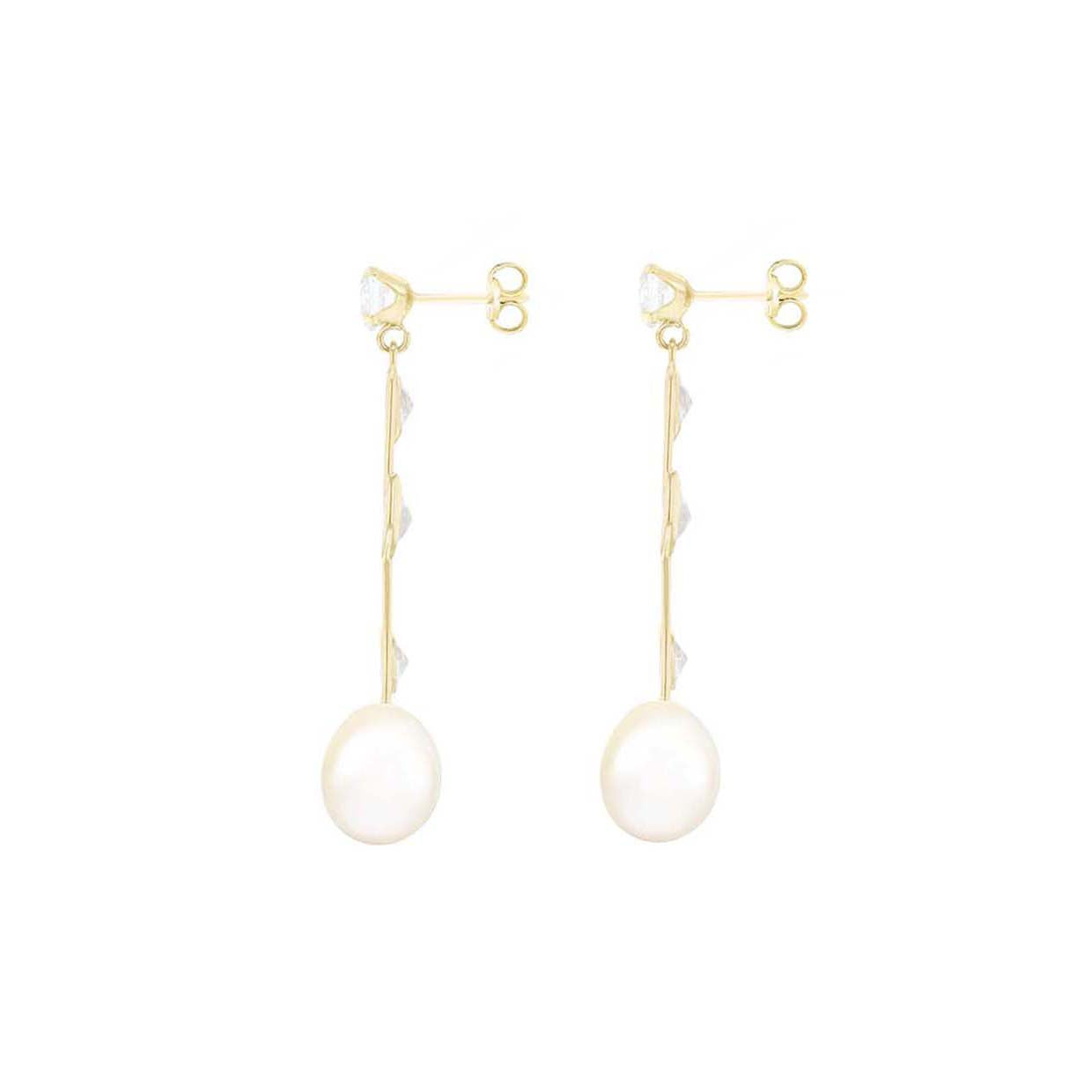 9ct Yellow Gold Zirconia & Freshwater Pearl Flower Stem Drop Earrings