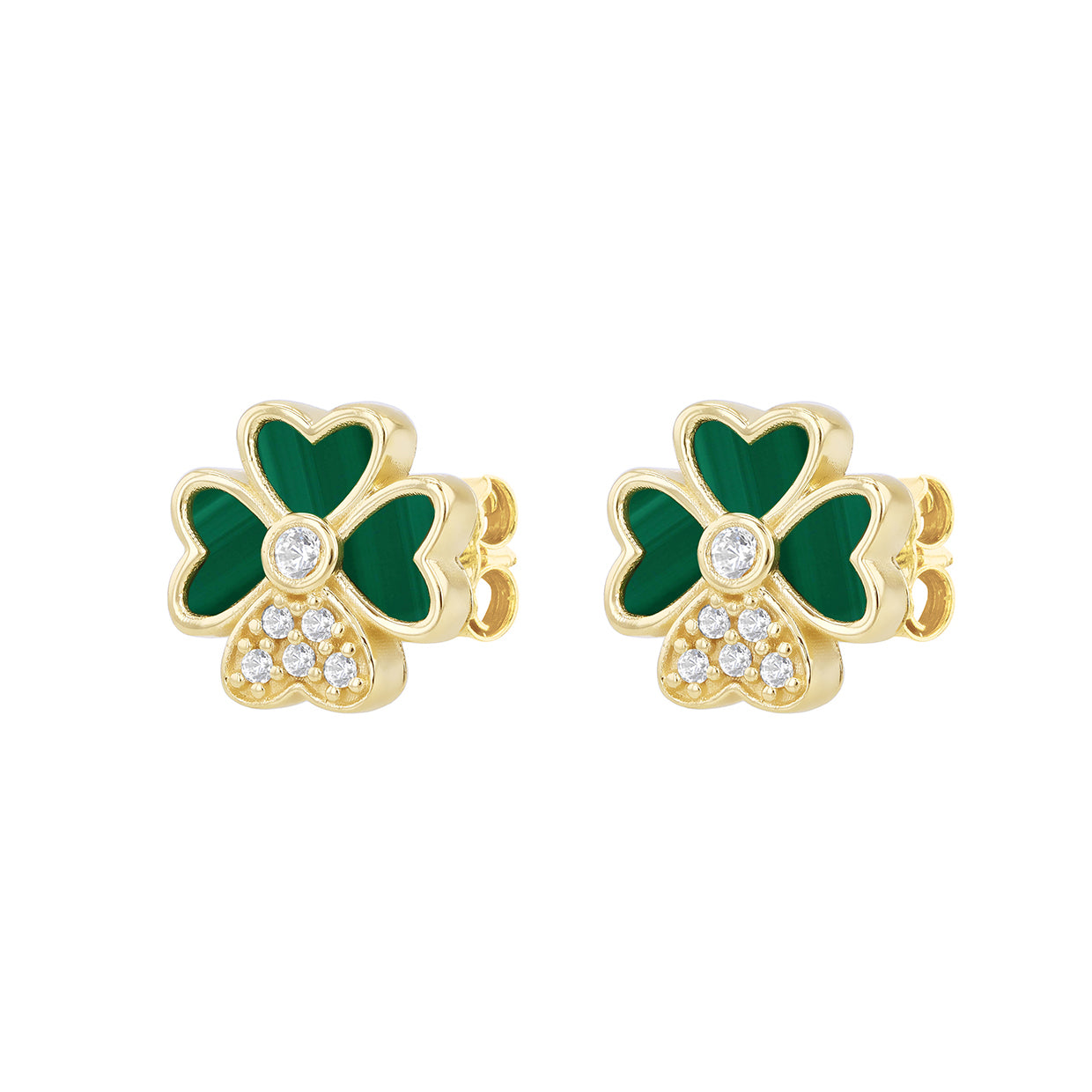 9ct Yellow Gold Malachite & Zirconia Clover Stud Earrings