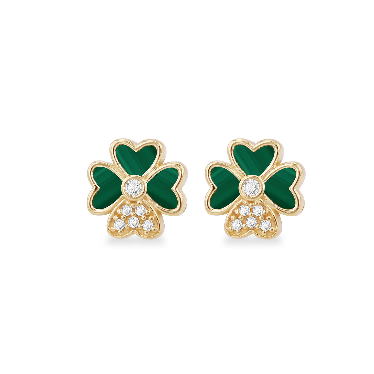 9ct Yellow Gold Malachite & Zirconia Clover Stud Earrings
