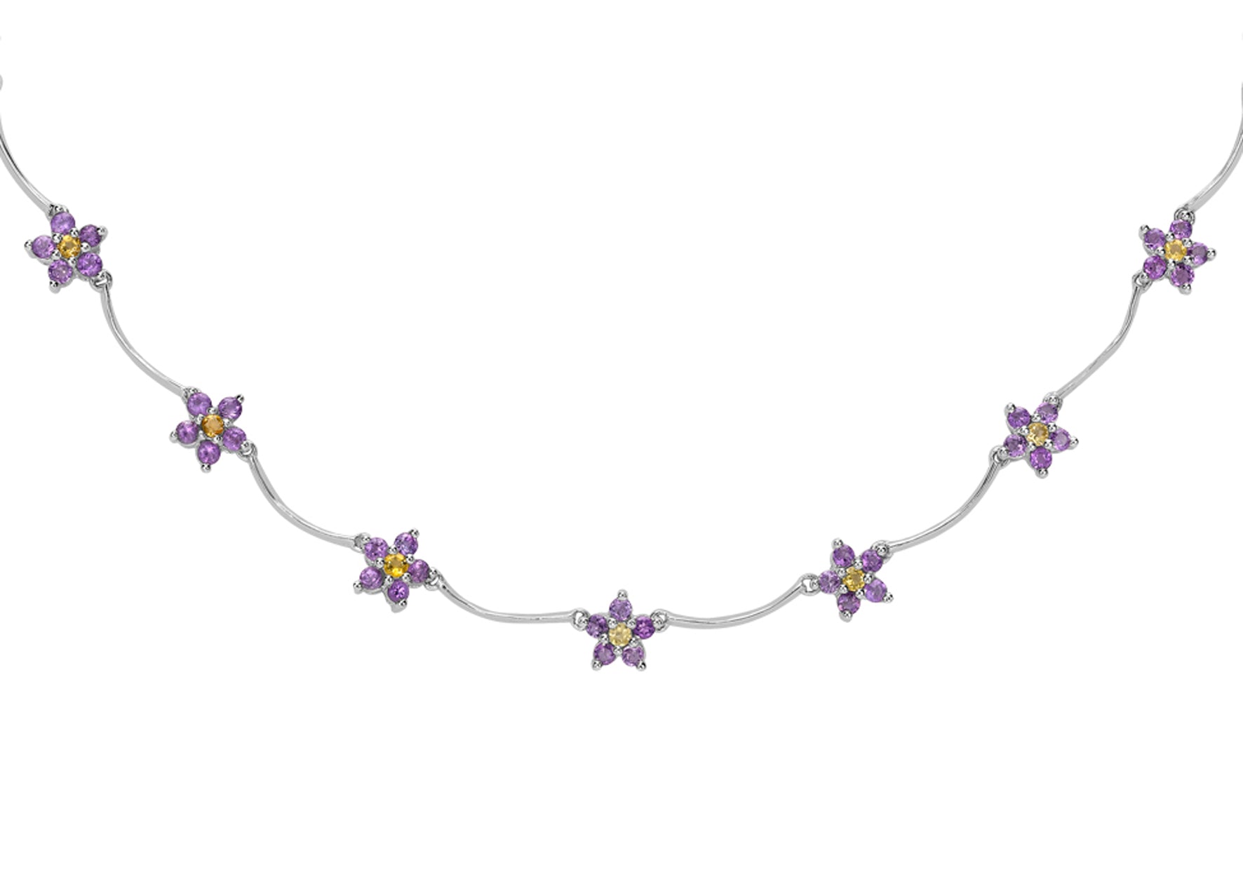 9ct White Gold Amethyst & Citrine Flower Necklace