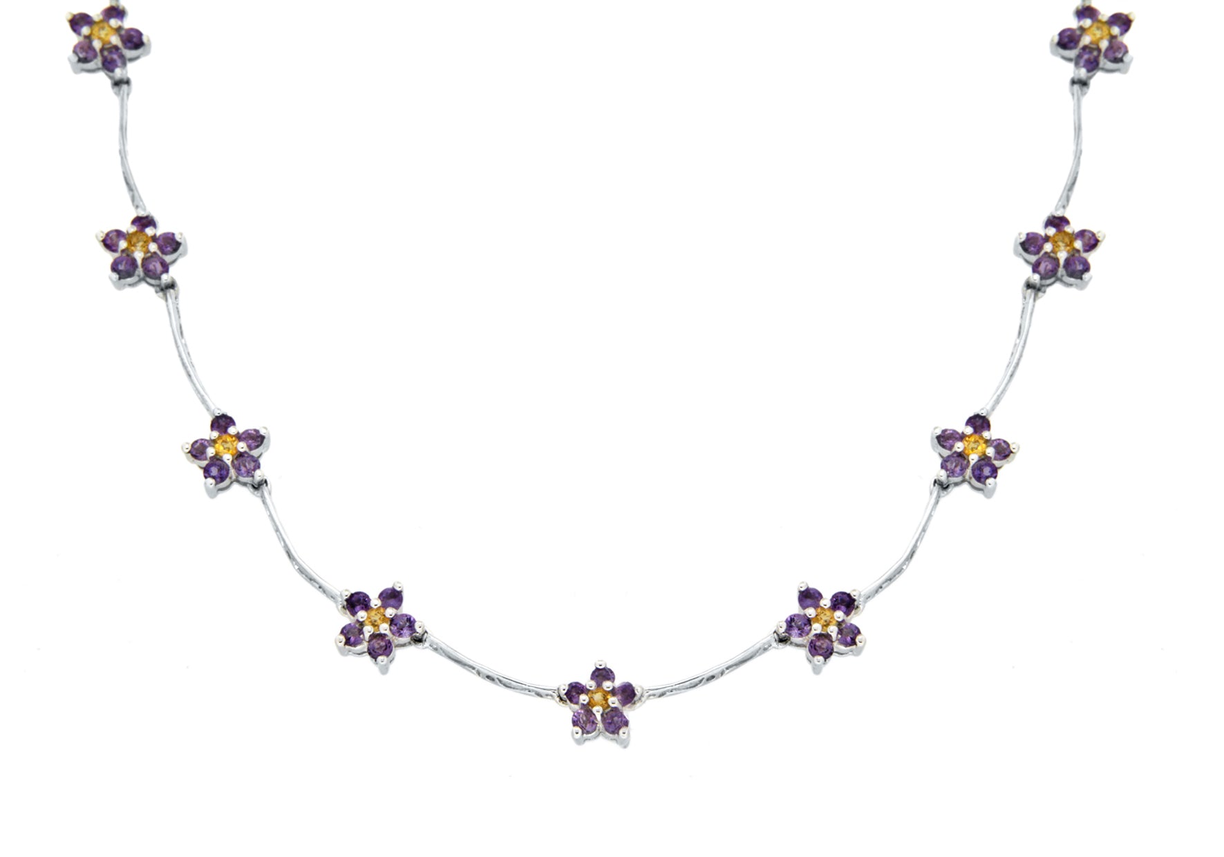 9ct White Gold Amethyst & Citrine Flower Necklace
