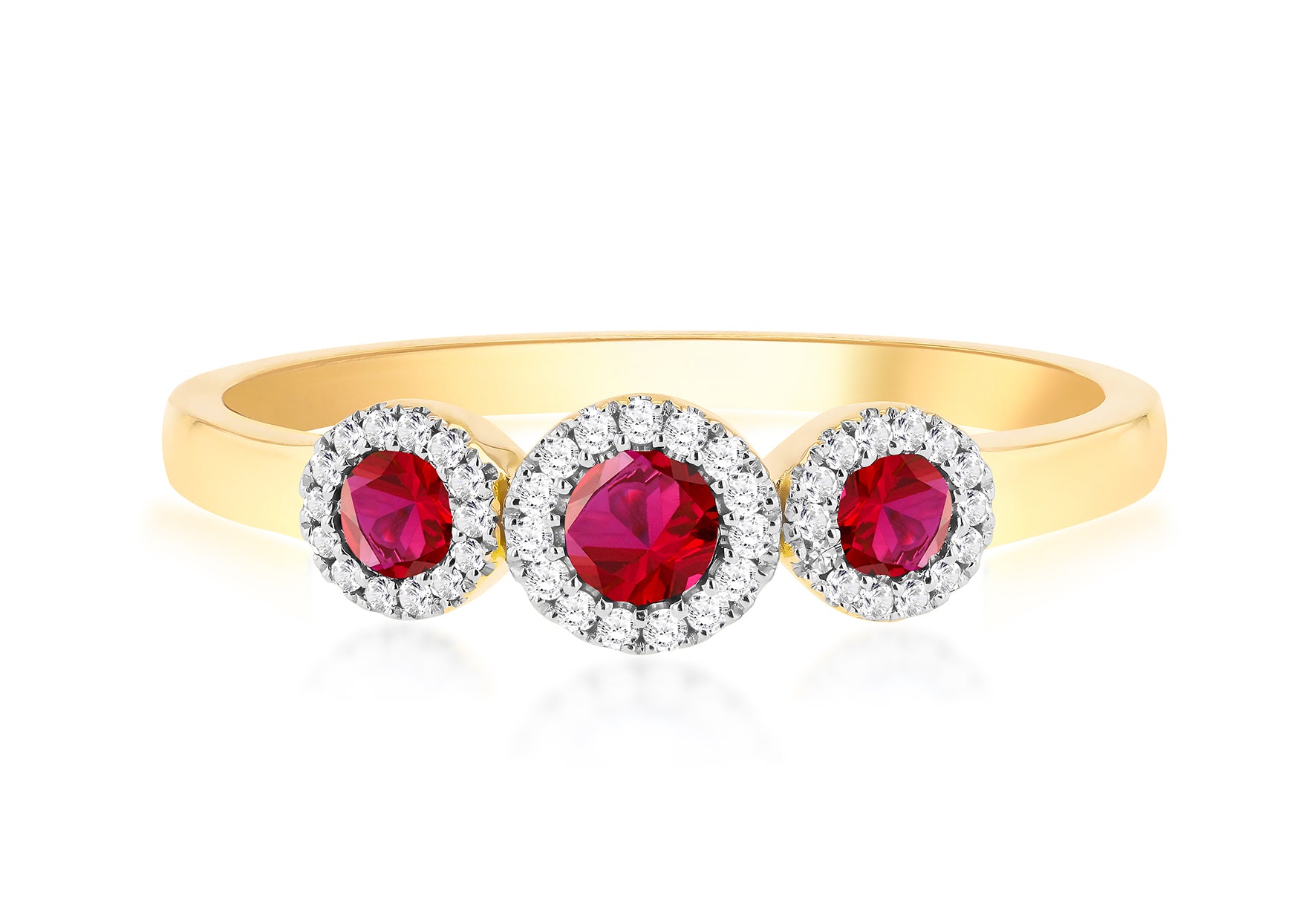 9ct Yellow Gold 0.28 Carat Diamond Ruby Halo Trinity Ring