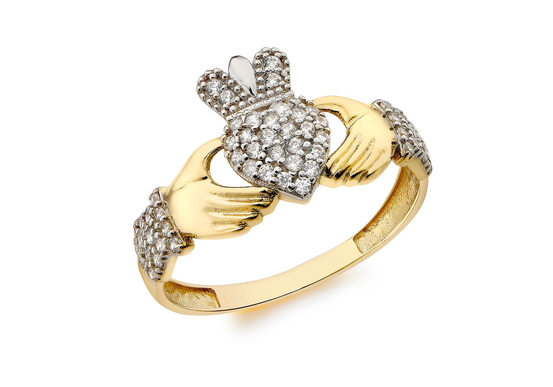 9ct Yellow Gold Zirconia Heart & Crown Claddagh Ring