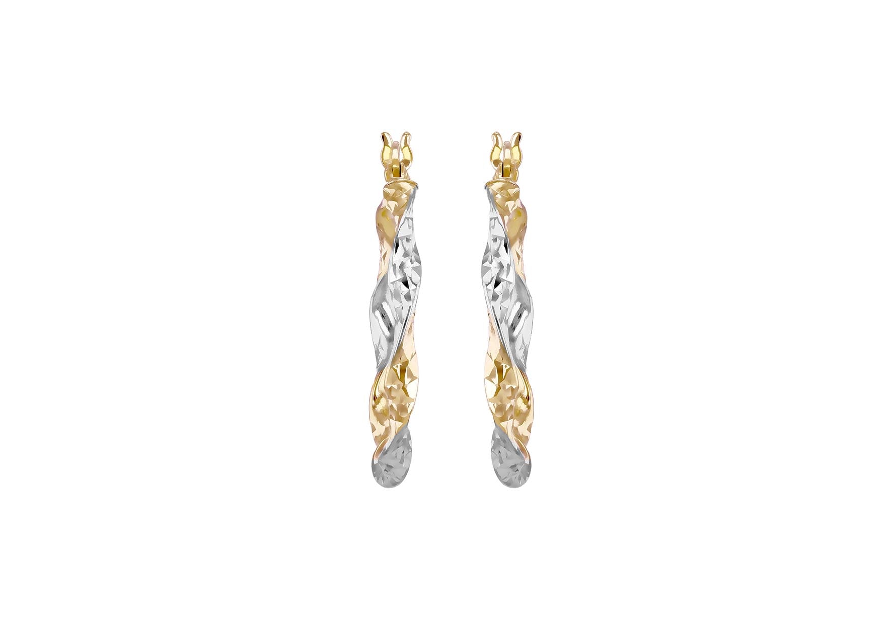 9ct Yellow Gold Two-Tone Gold Diamond Cut Twirl Hoop Earrings