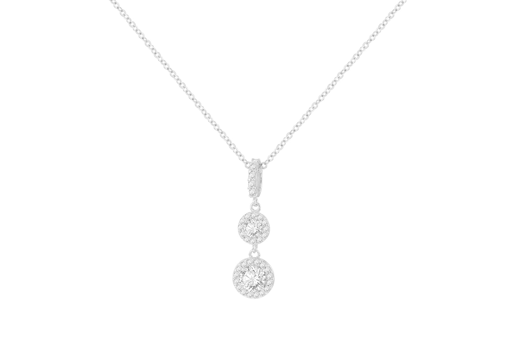 9ct White Gold Zirconia Double Halo Drop Necklace