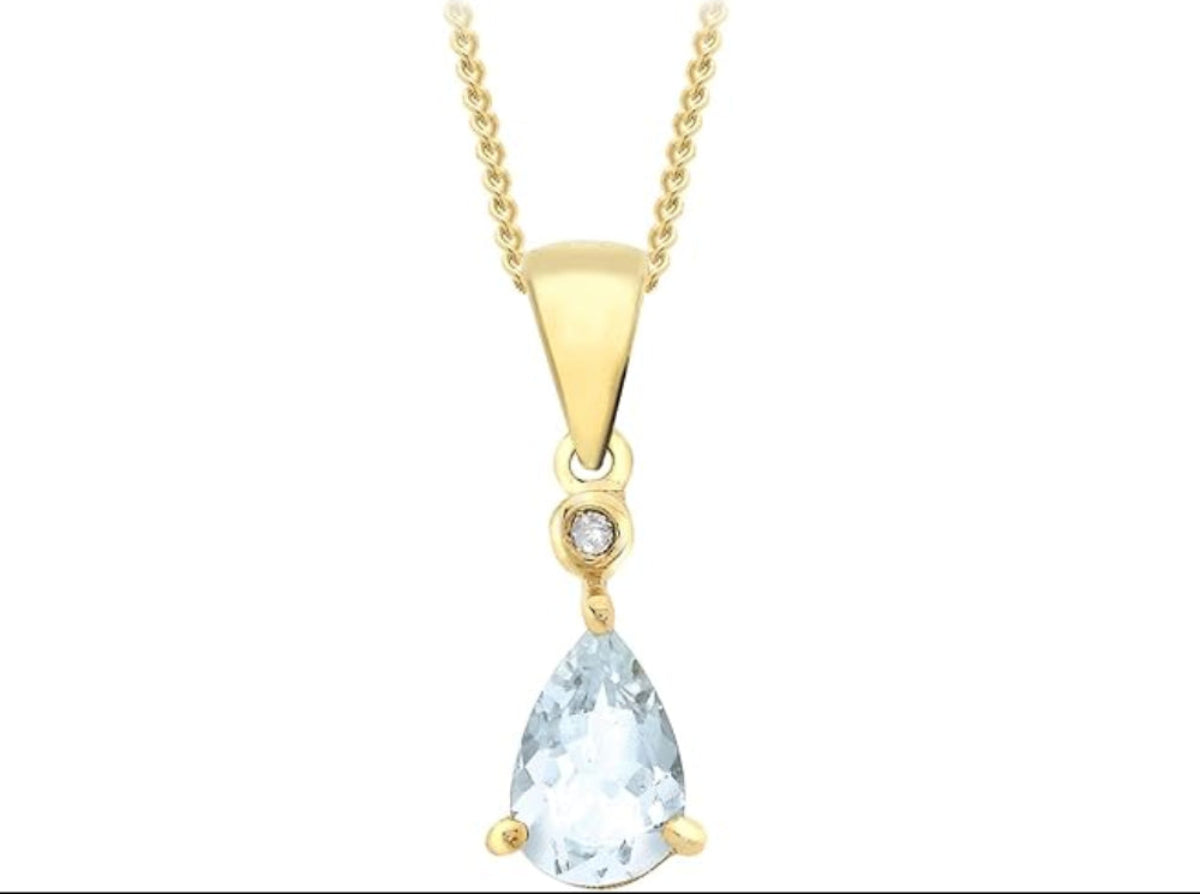 9ct Yellow Gold 0.005ct Diamond & Aquamarine Pear Drop Pendant