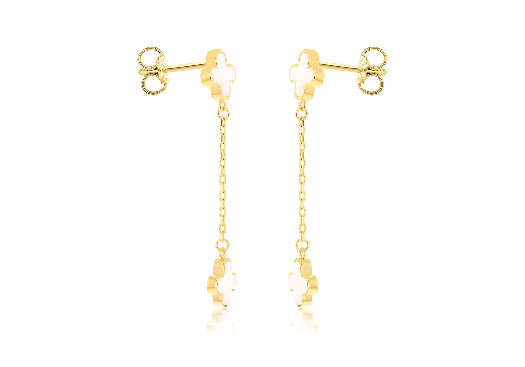 18ct Yellow Gold Mother Of Pearl Clover Petal Drop Stud Earrings