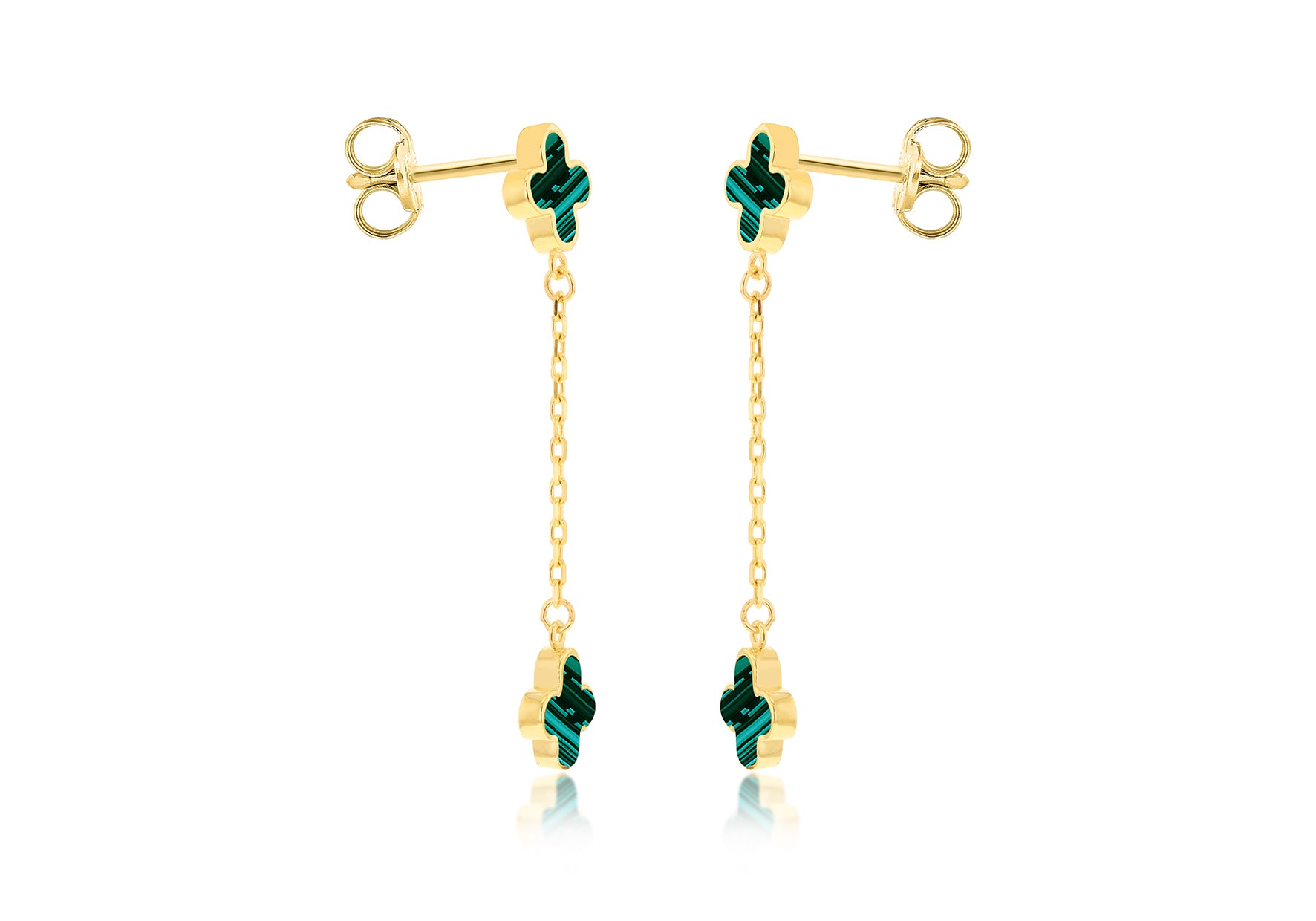 18ct Yellow Gold Malachite Clover Petal Drop Stud Earrings