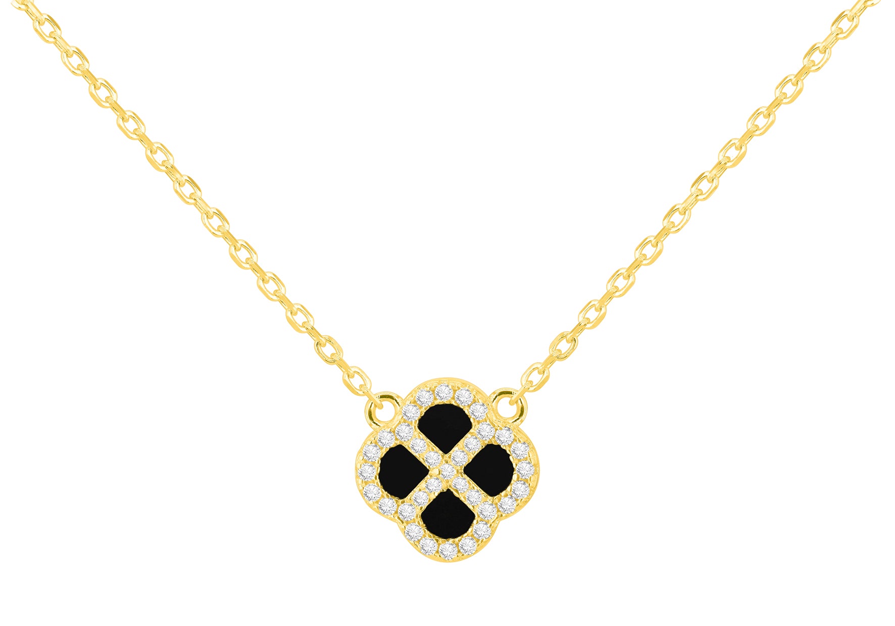 Yellow Gold Plated Sterling Silver Black Agate & Zirconia Clover Pendant