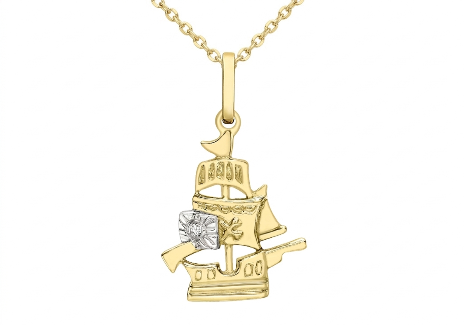 9ct Yellow Gold 0.01ct Diamond Pirate Ship Pendant
