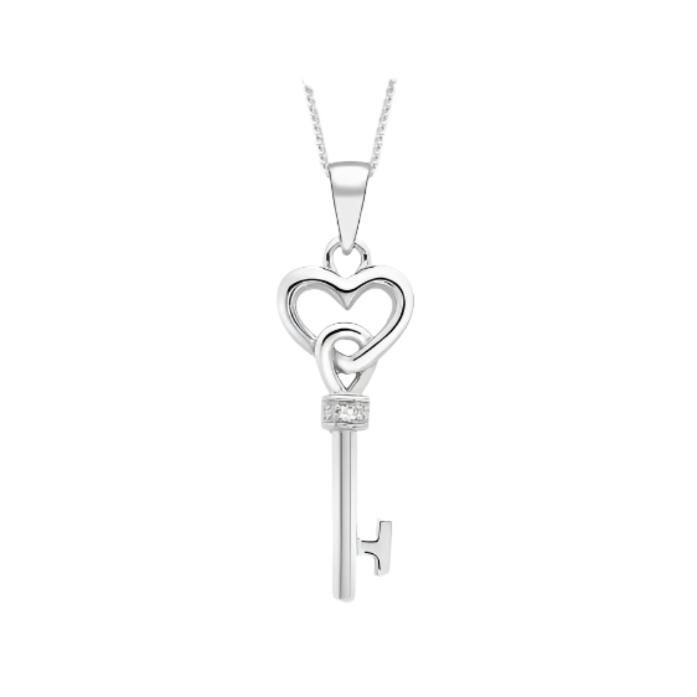 9ct White Gold 0.005ct Diamond Set Key Heart Pendant