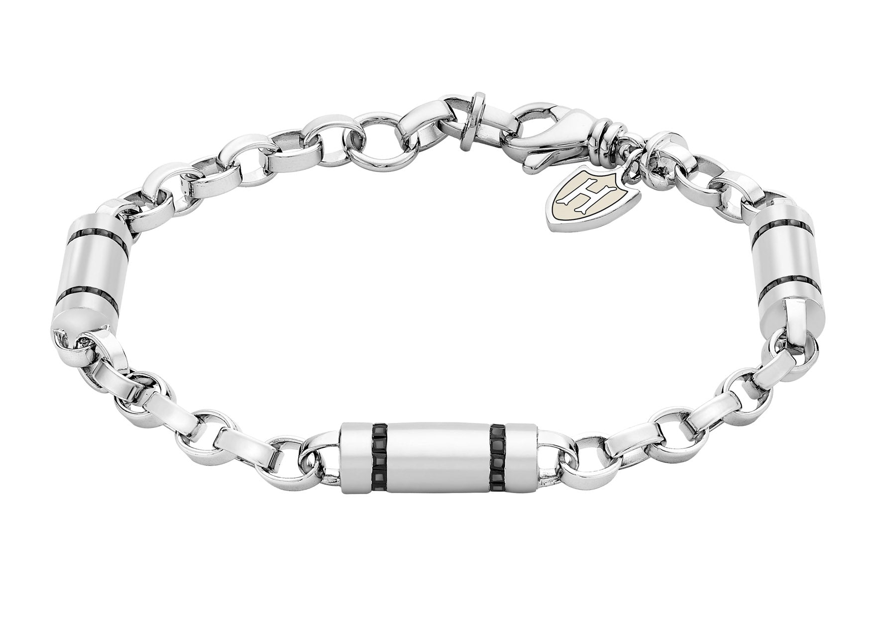 Hoxton London Men's Sterling Silver Stone Black Zirconia ylindrial Link Bracelet