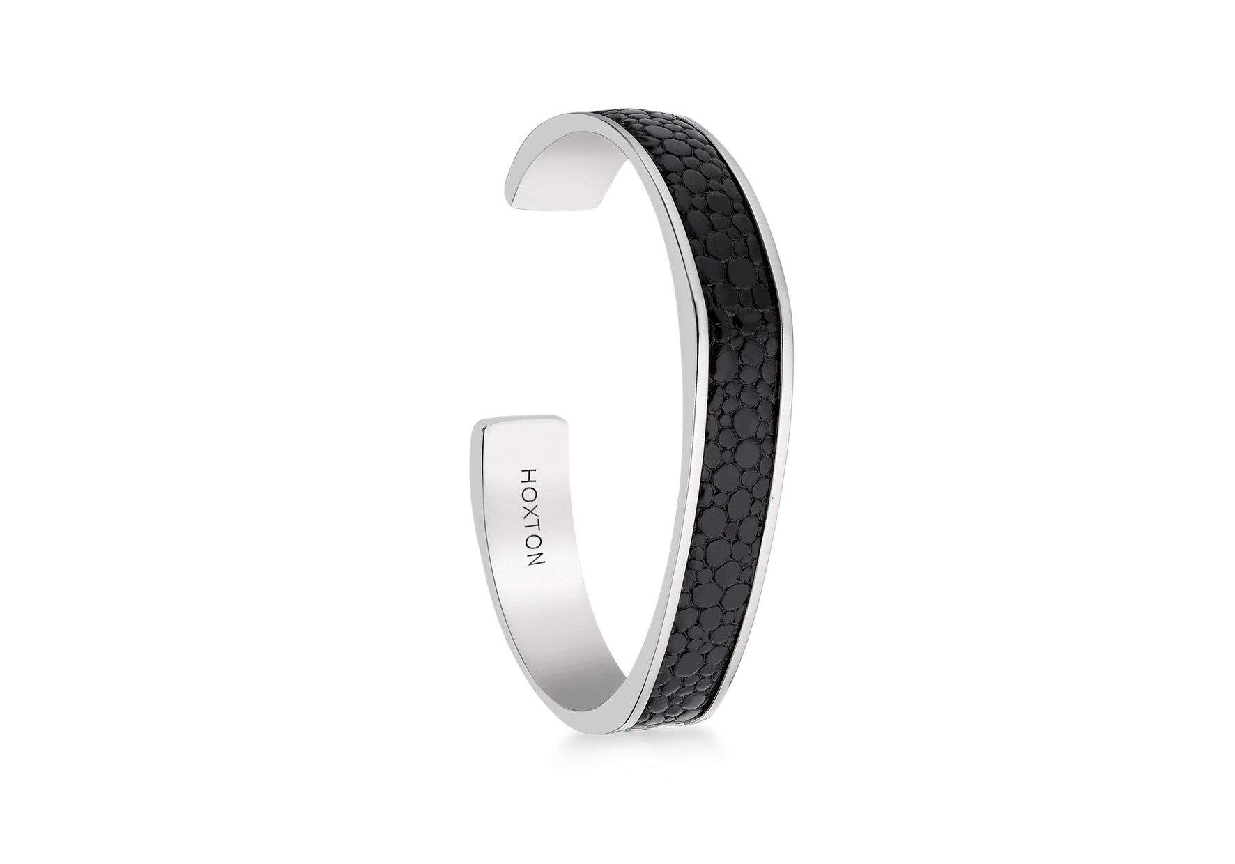 Hoxton London Men's Sterling Silver Black Printed Leather Inlay uff Bangle