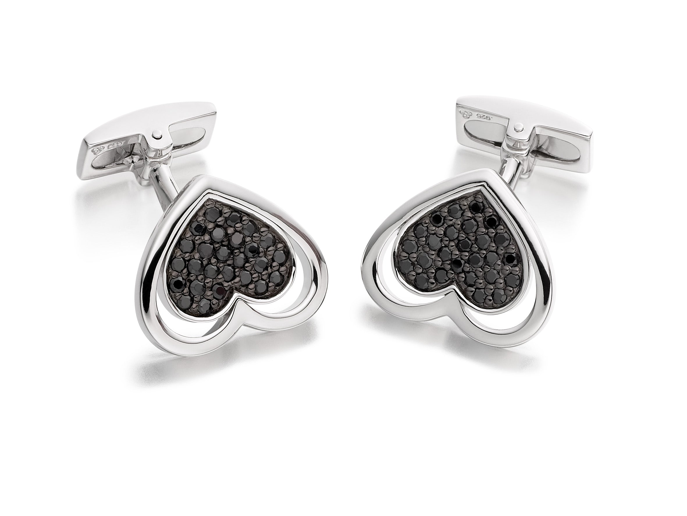 Hoxton London Men's Sterling Silver Heart Black Zirconia Cufflinks