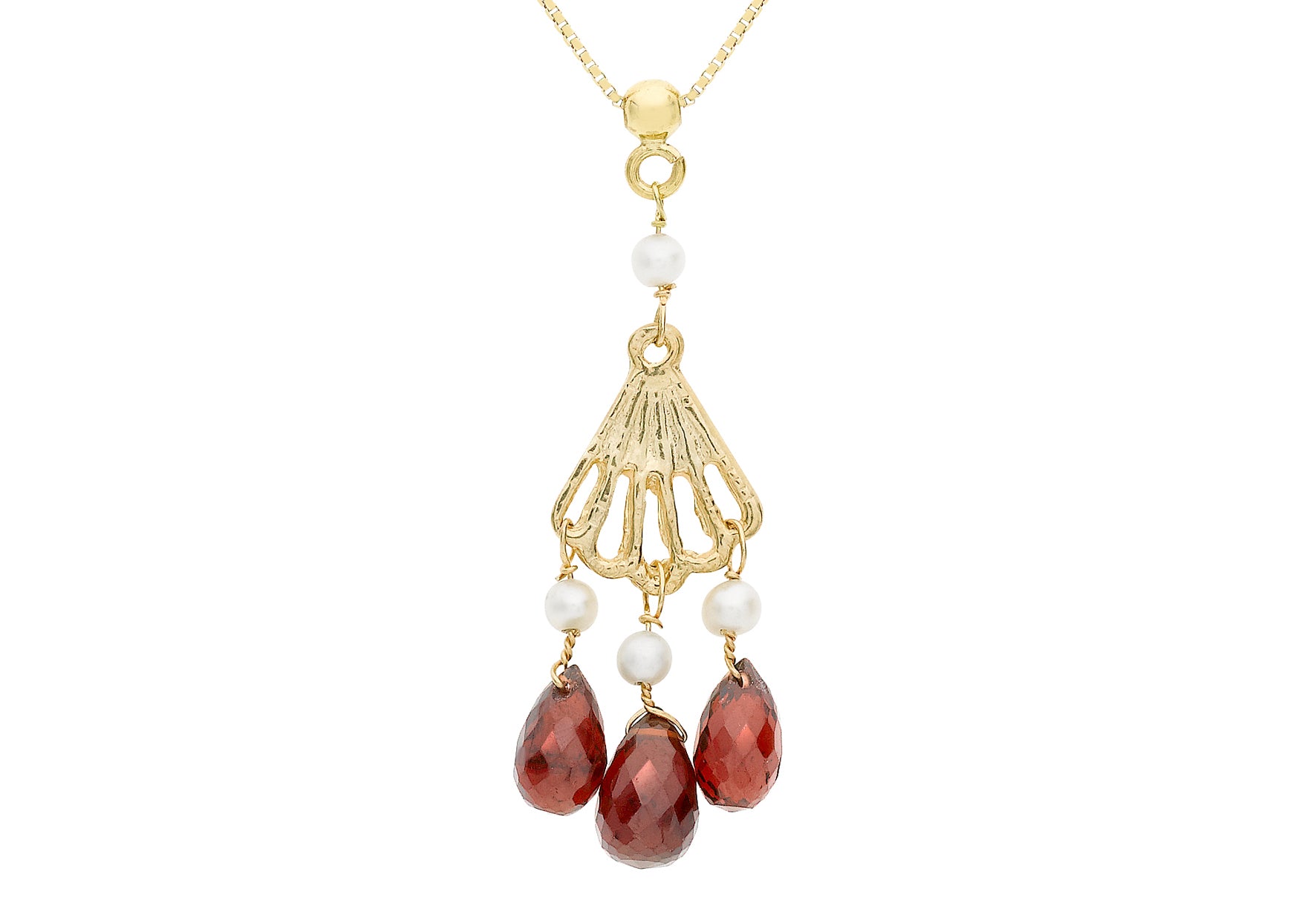 9ct Yellow Gold Garnet and Pearl Fan Drop Box Chain Necklace 43m/17"9