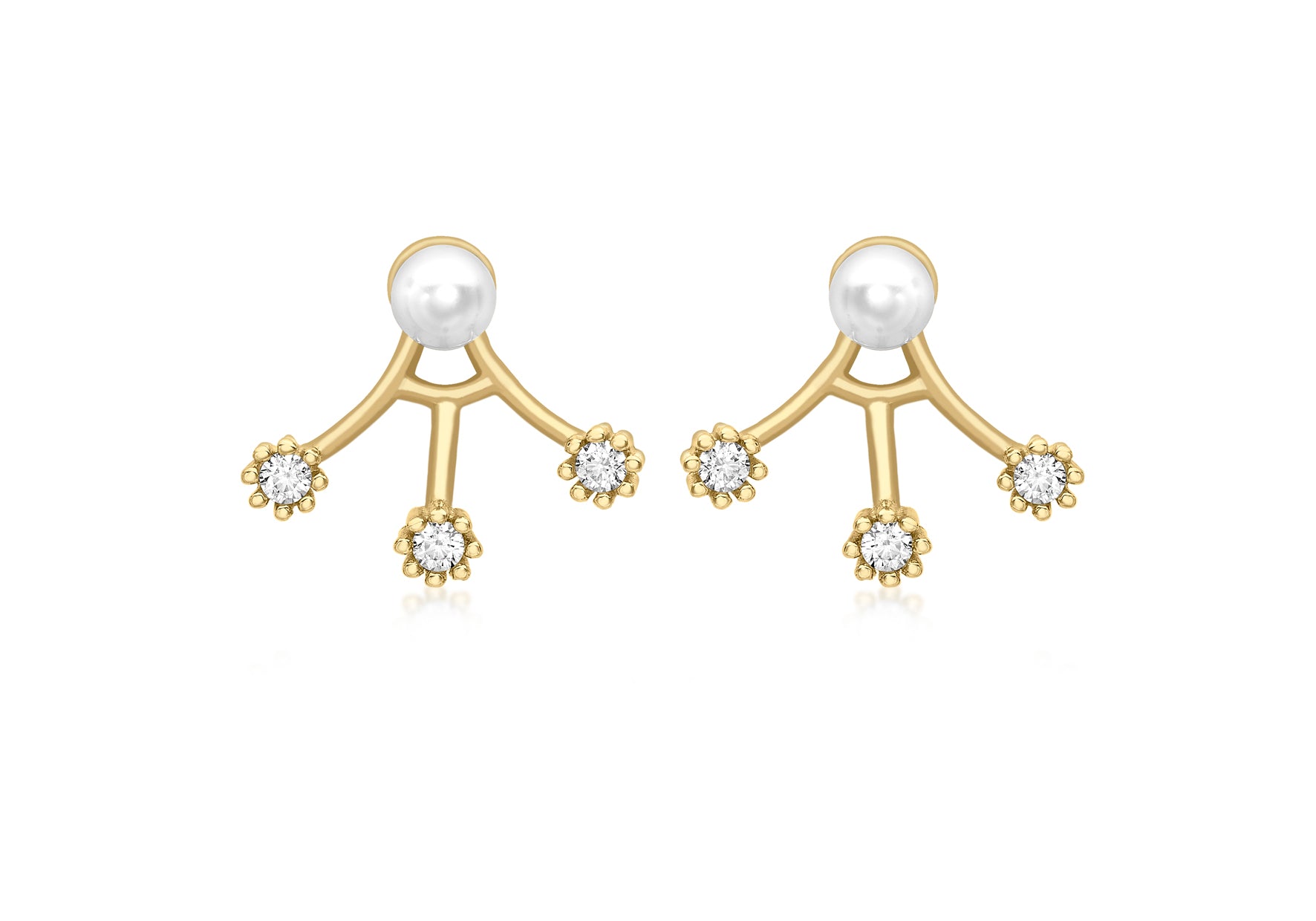 9ct Yellow Gold Zirconia and Pearl Fan Jack Earrings