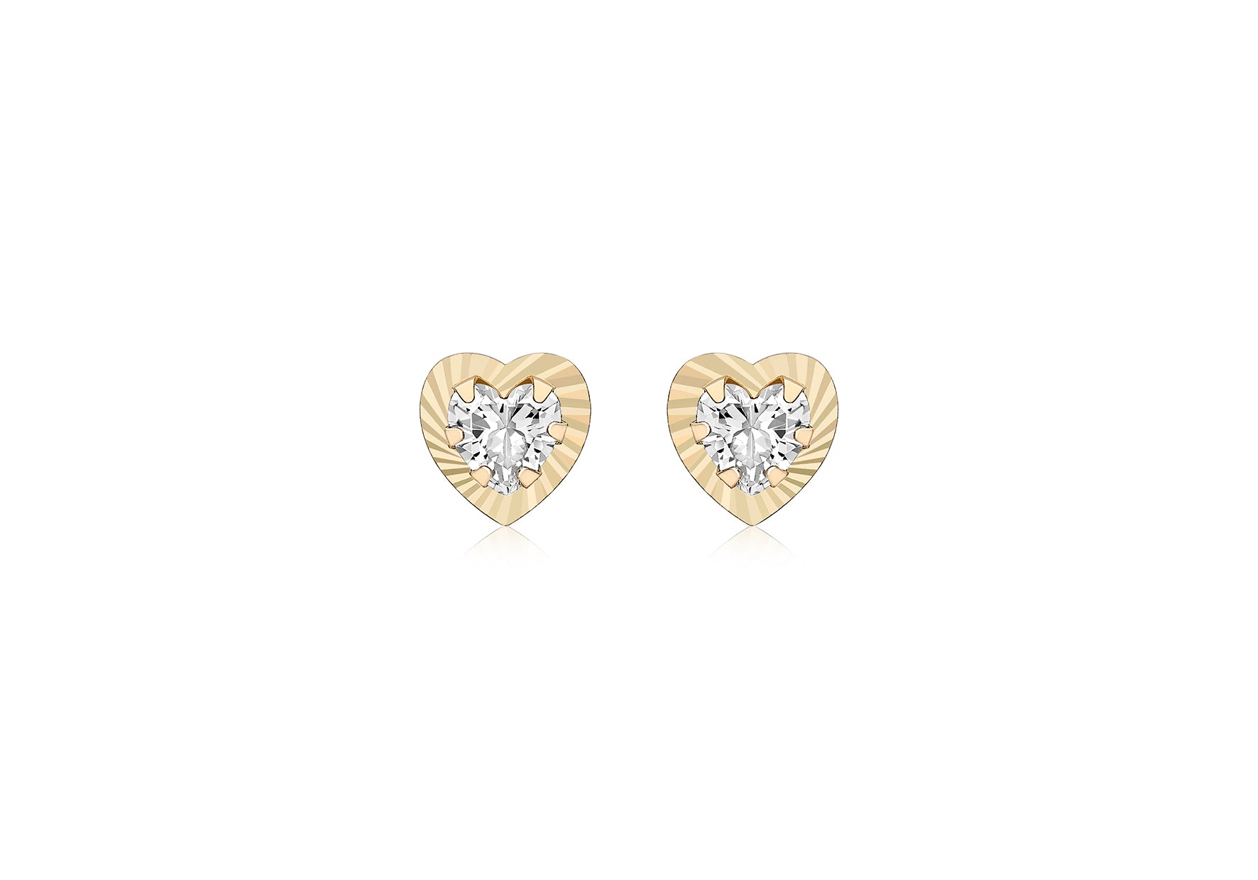 9ct Yellow Gold Zirconia 7.5mm x 7.6mm Diamond Cut Heart Stud Earrings