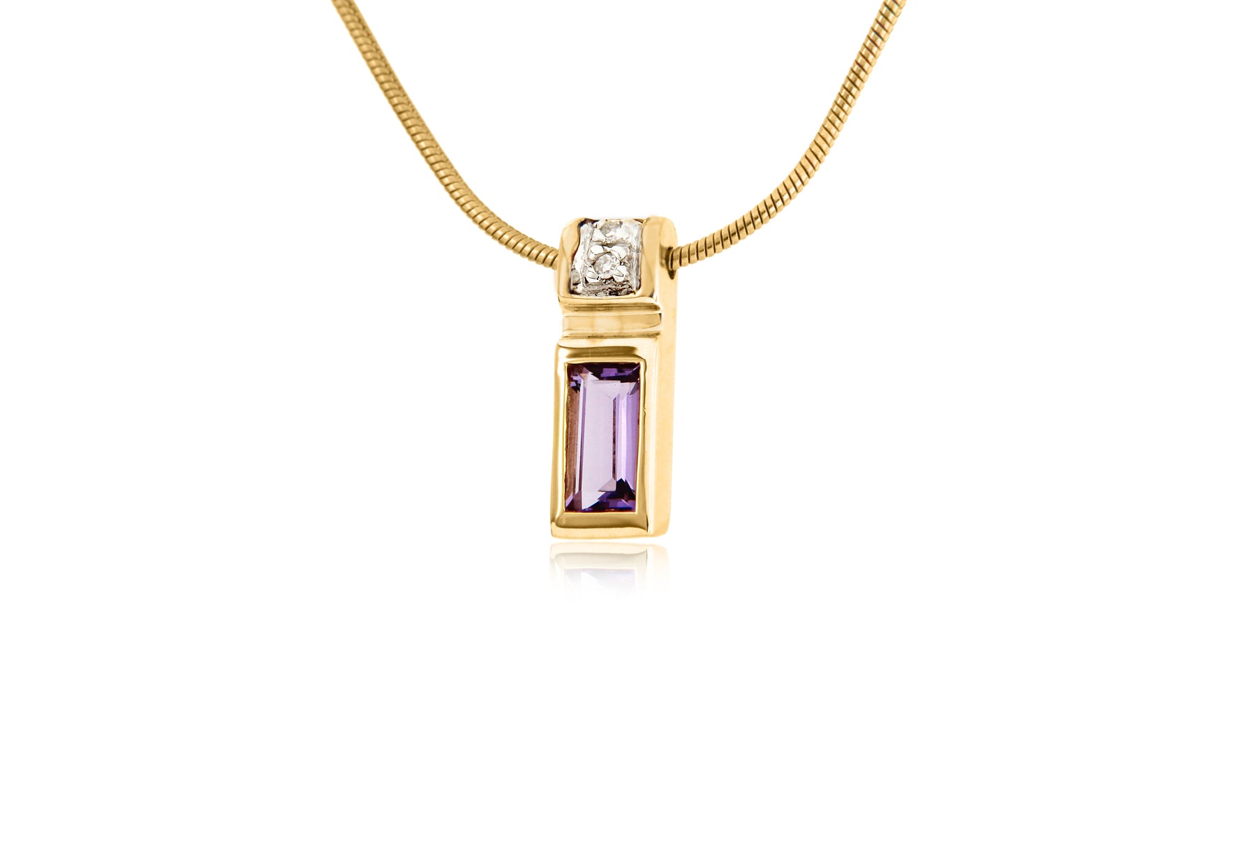 9ct Yellow Gold Diamond and Amethyst Pendant on Snake Chain Necklace 41m/16"9