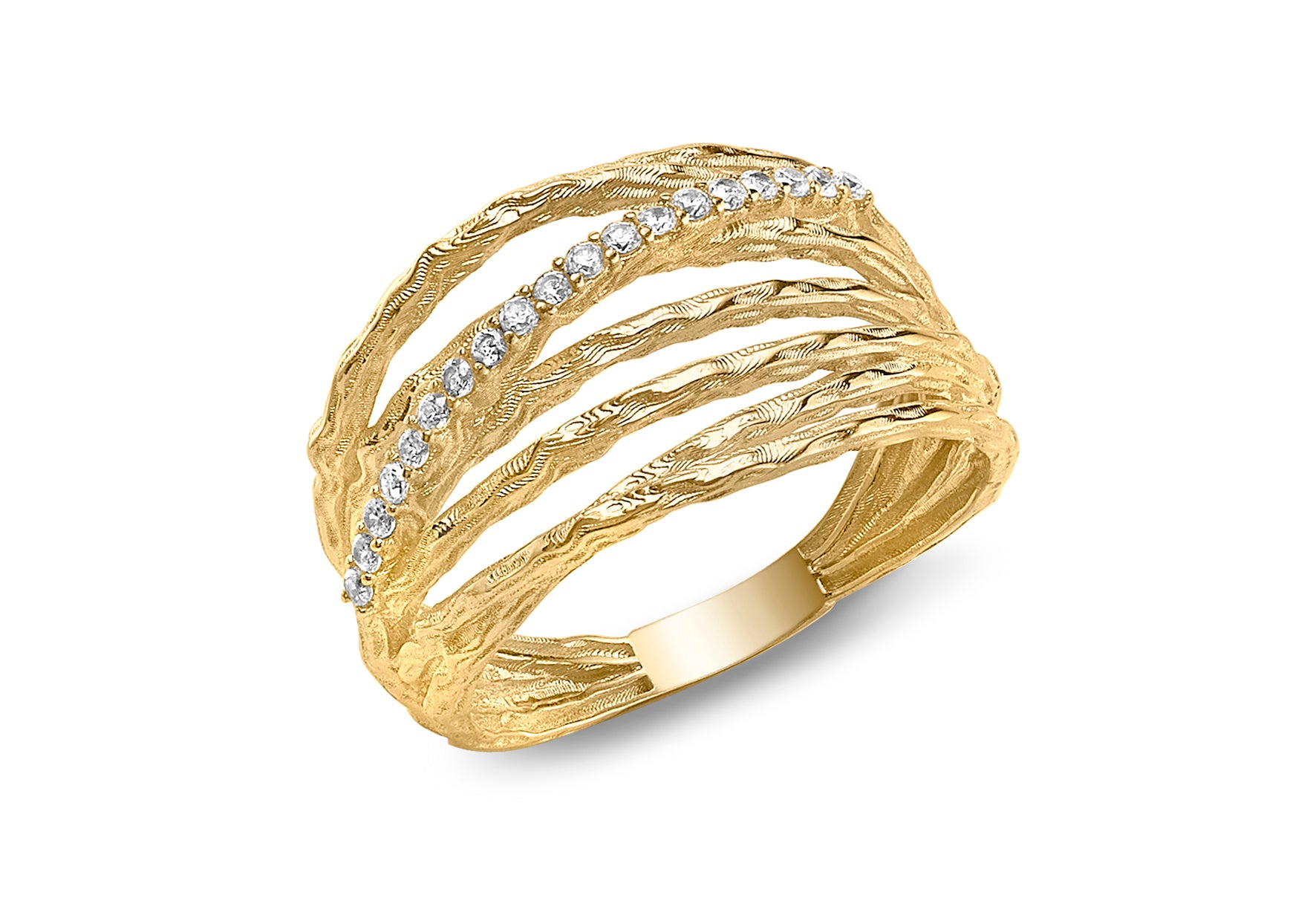 9ct Yellow Gold Zirconia Crossover Diamond Cut Multi Strand Ring