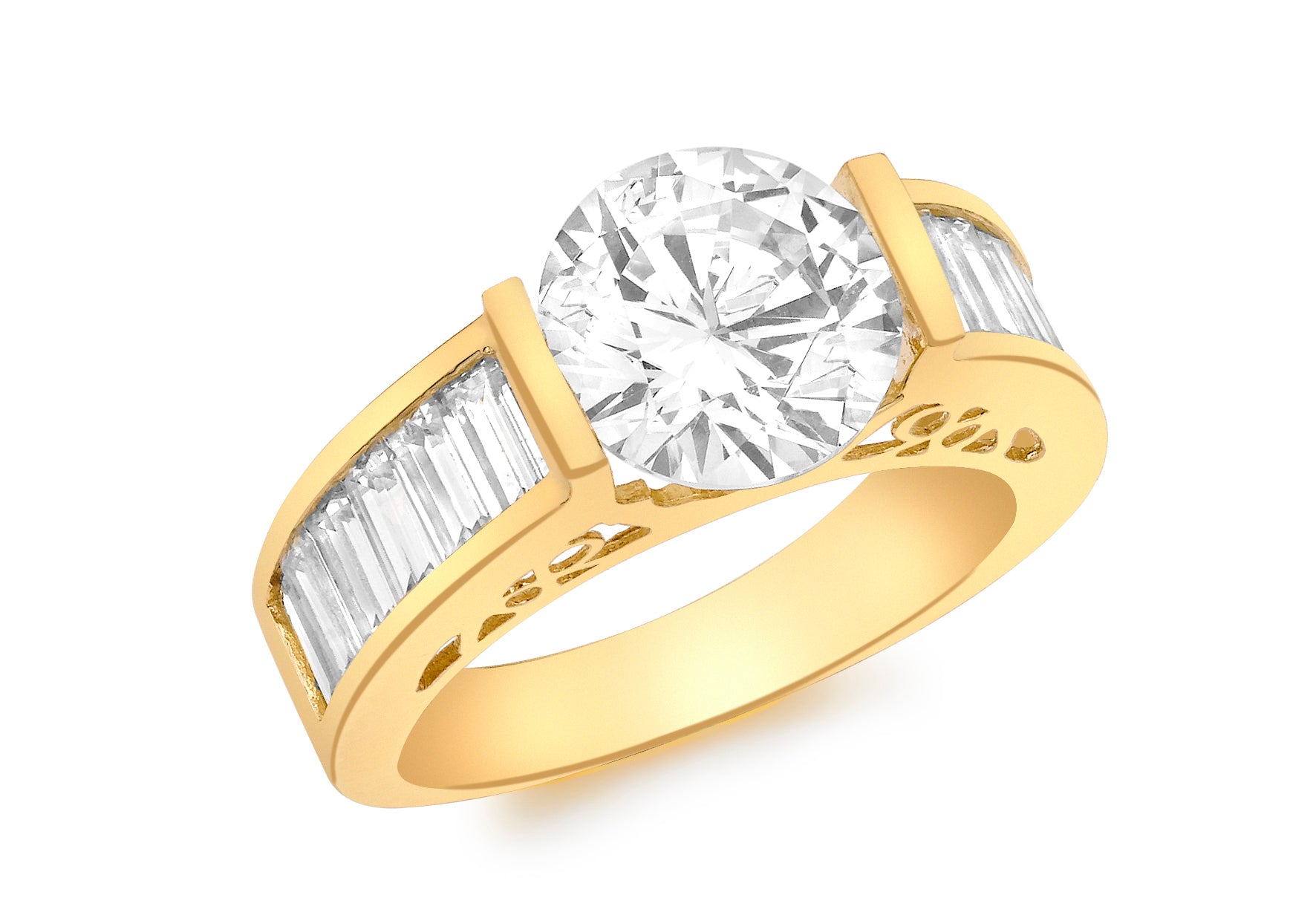 9ct Yellow Gold Round and Baguette Zirconia CutoCut Detail Ring