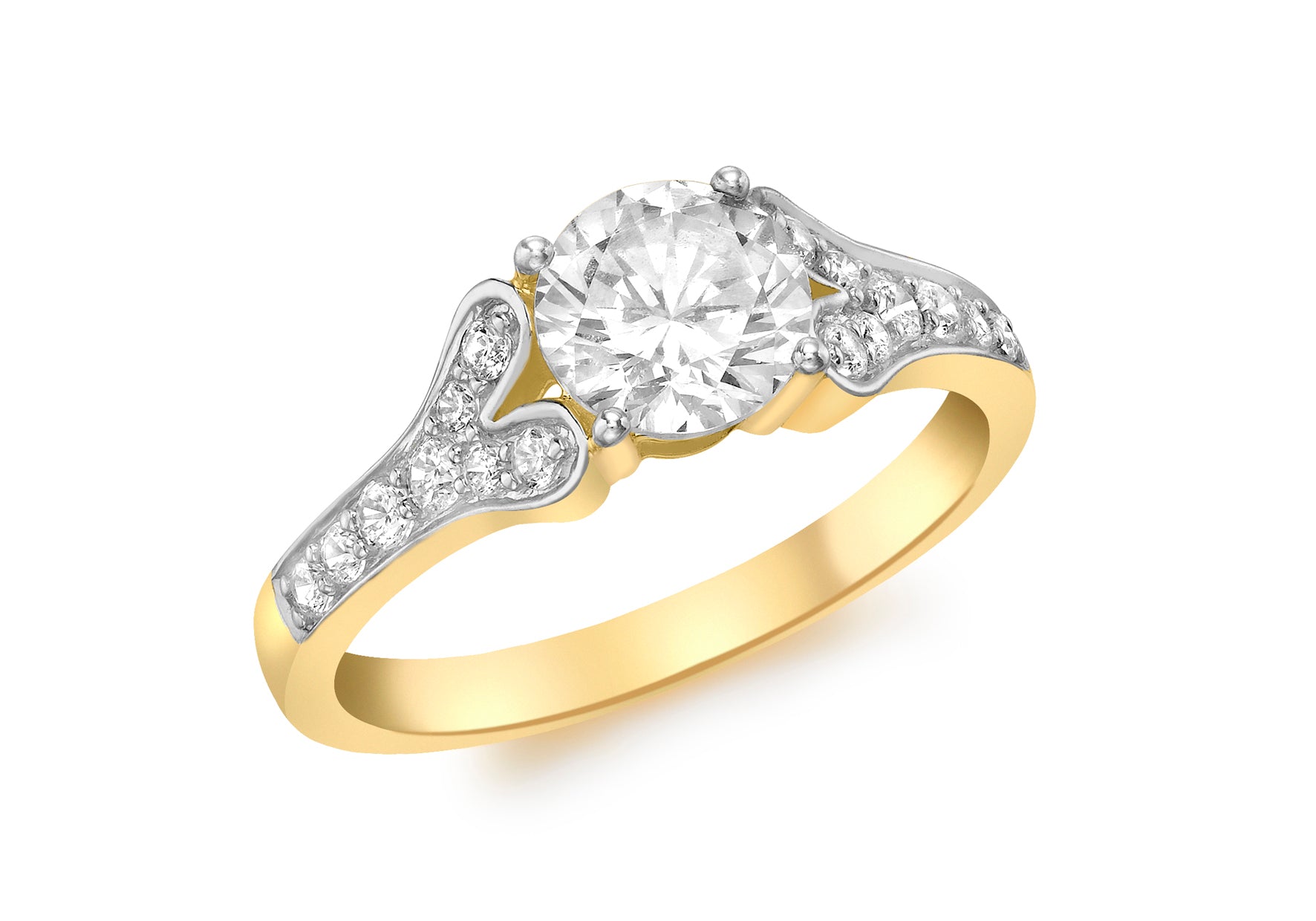 9ct Yellow Gold Solitaire Zirconia and Zirconia Shoulder Ring