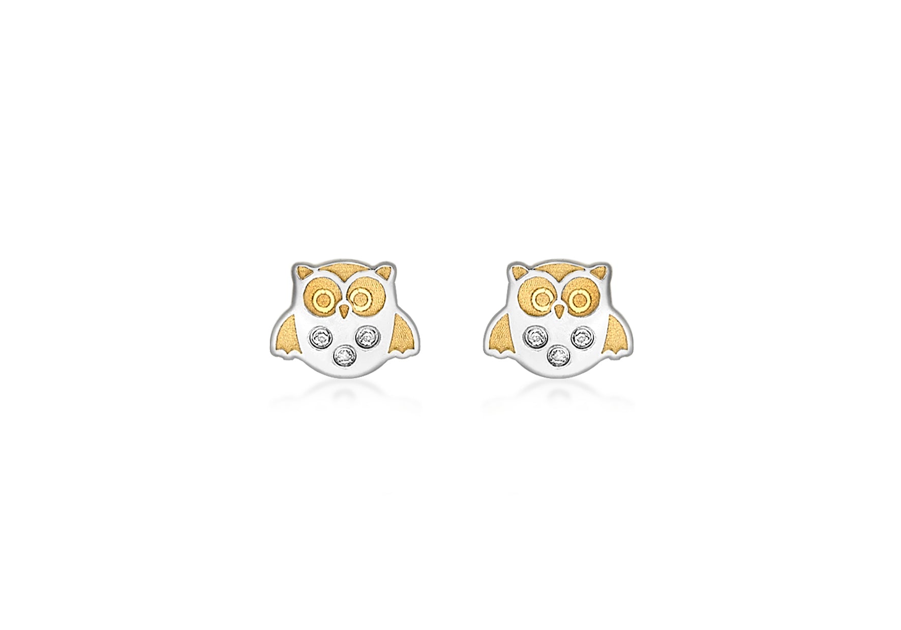 9ct 2-Colour Gold Zirconia Owl Stud Earrings
