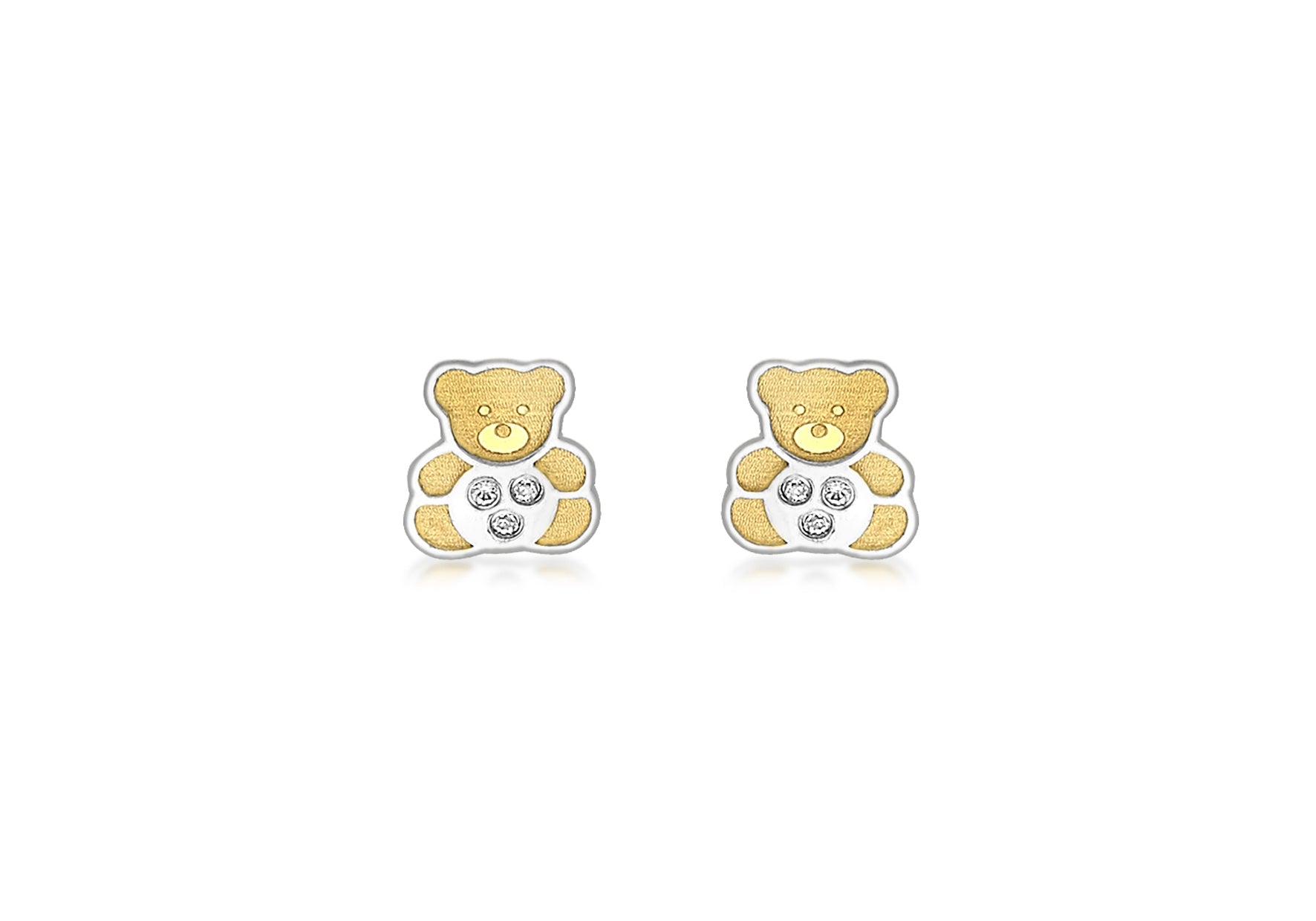 9ct 2-Colour Gold Zirconia Teddy Bear Stud Earrings