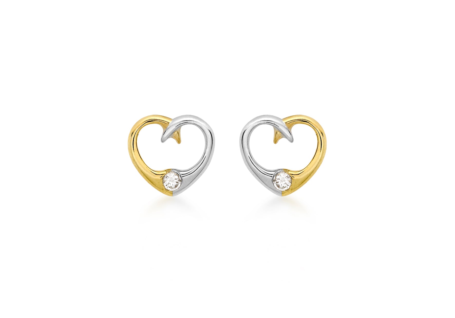 9ct 2-Colour Gold Zirconia 9mm x 8mm Heart Stud Earrings