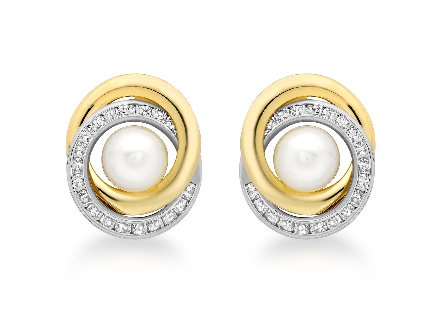 9ct 2-Colour Gold 15mm Zirconia and Pearl Swirl Stud Earrings