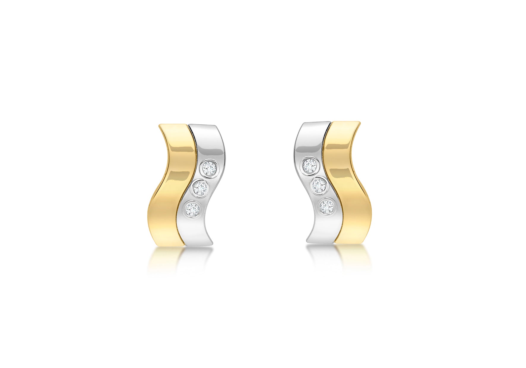 9ct 2-Tone Gold Zirconia Wave Double Bars 5.5mm x 9.5mm Stud Earrings
