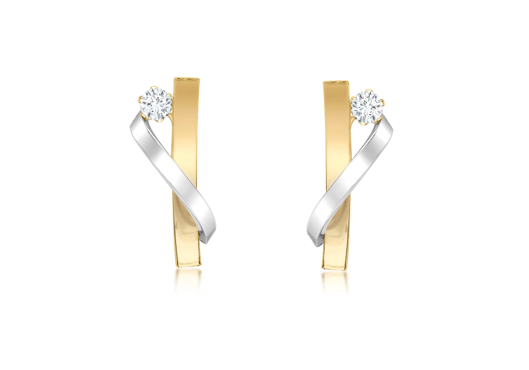 9ct 2-Tone Gold Zirconia Overlapping urved Bars Stud Earrings