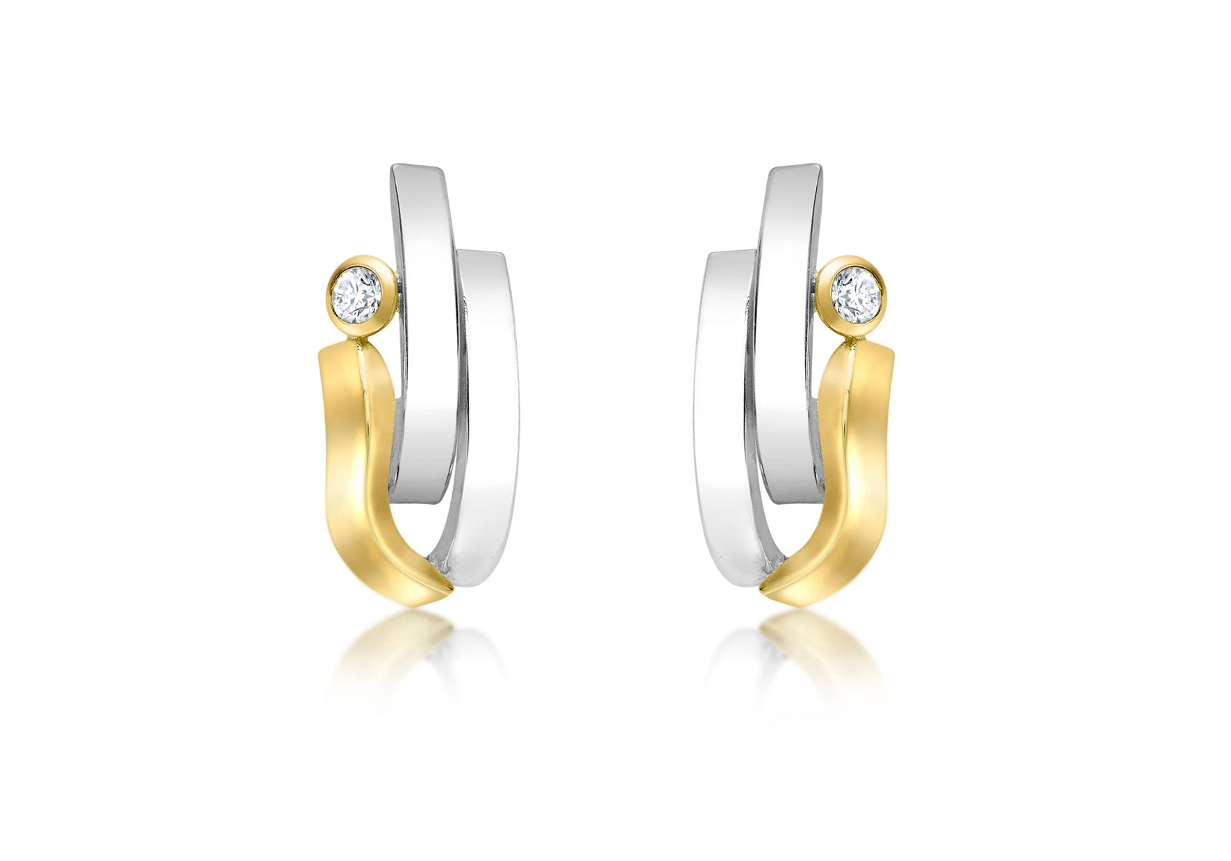 9ct 2-Tone Gold Zirconia  Wave and urved Bars Stud Earrings