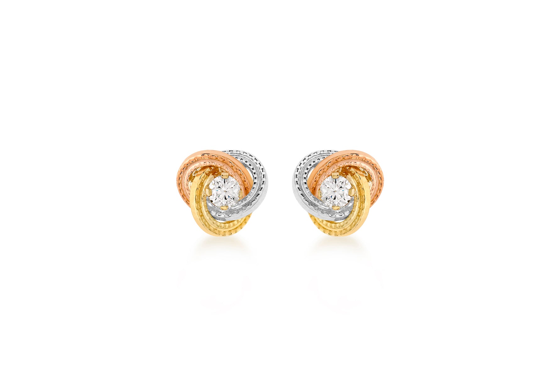 9ct 3-Colour Gold Zirconia 8mm Knot Stud Earrings