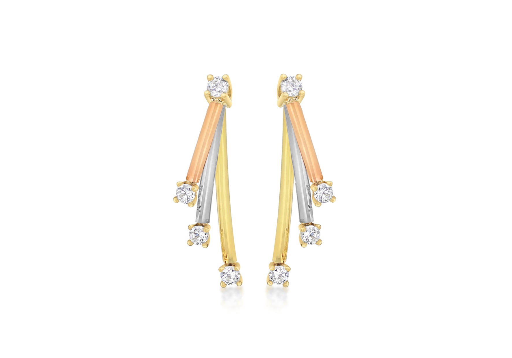 9ct 3-Colour Gold Zirconia  Triple Bar Drop Earrings