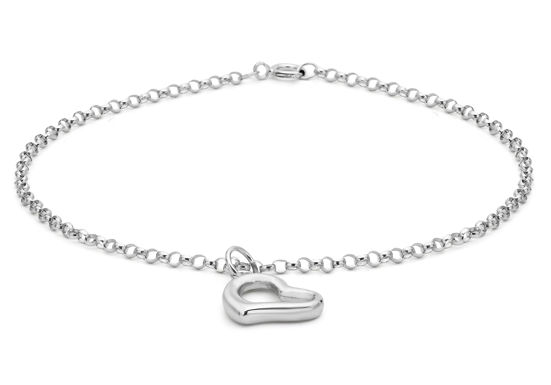 9ct White Gold 11mm x 10mm Heart Charm Round Belcher Chain Bracelet 18m/7"9