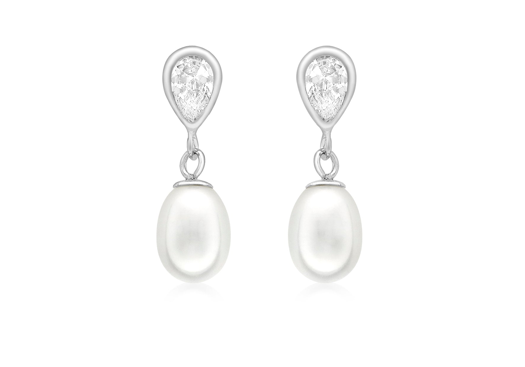 9ct White Gold Pearl and Zirconia Teardrop Earrings