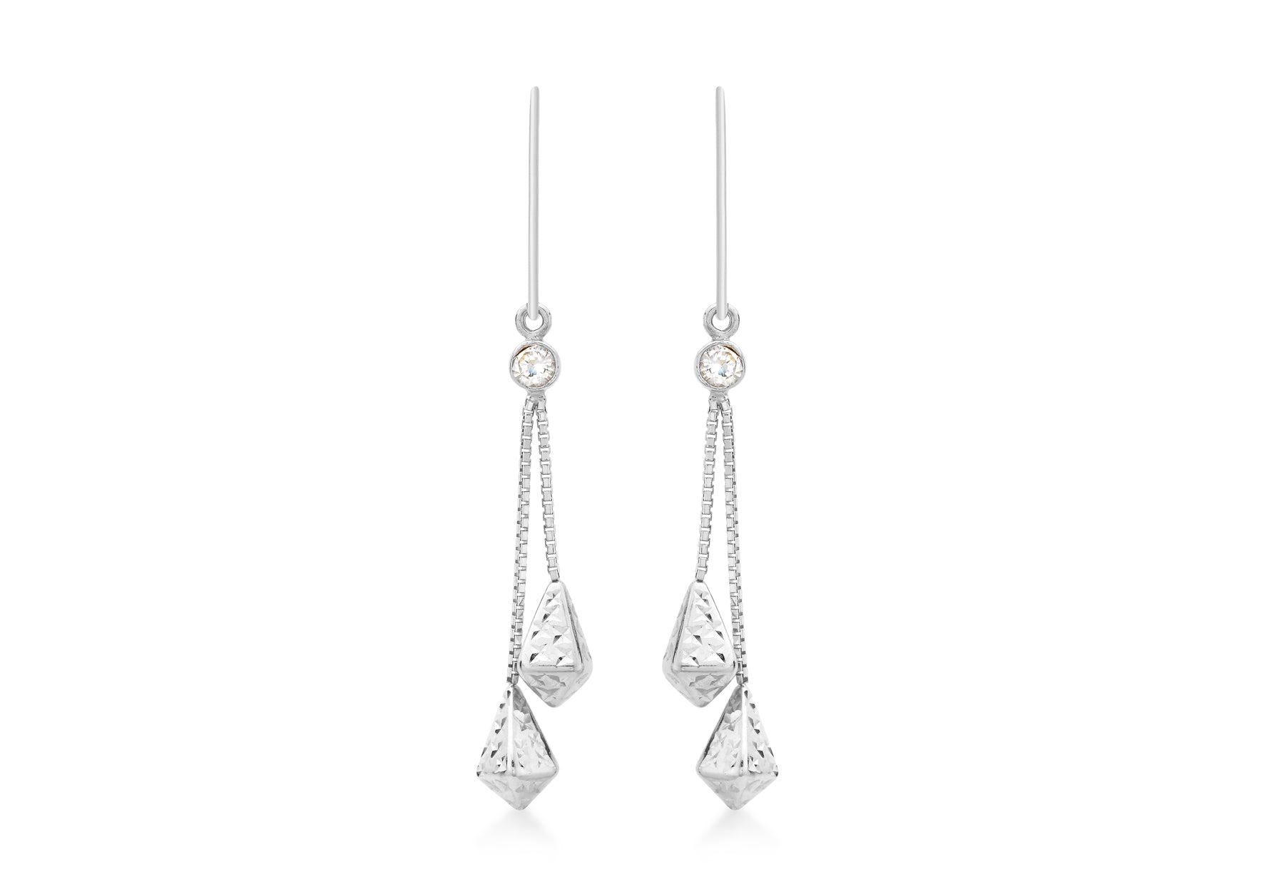 9ct White Gold Zirconia and Diamond Cut Chain Drop Earrings