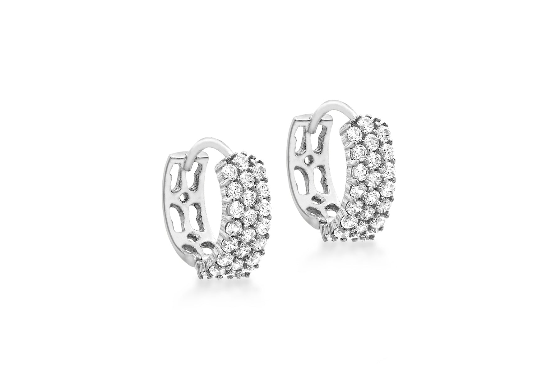 9ct White Gold Zirconia 3-Row Pave Set 12mm Huggy Earrings
