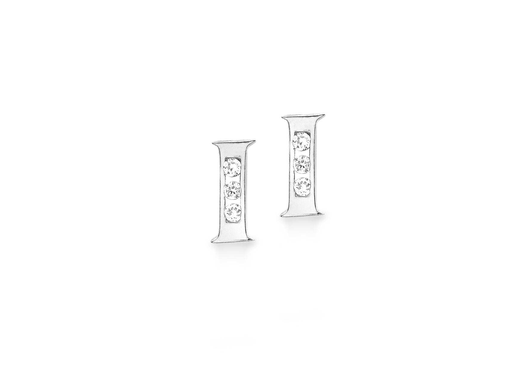 9ct White Gold Zirconia 3mm x 6mm 'I' Initial Stud Earrings