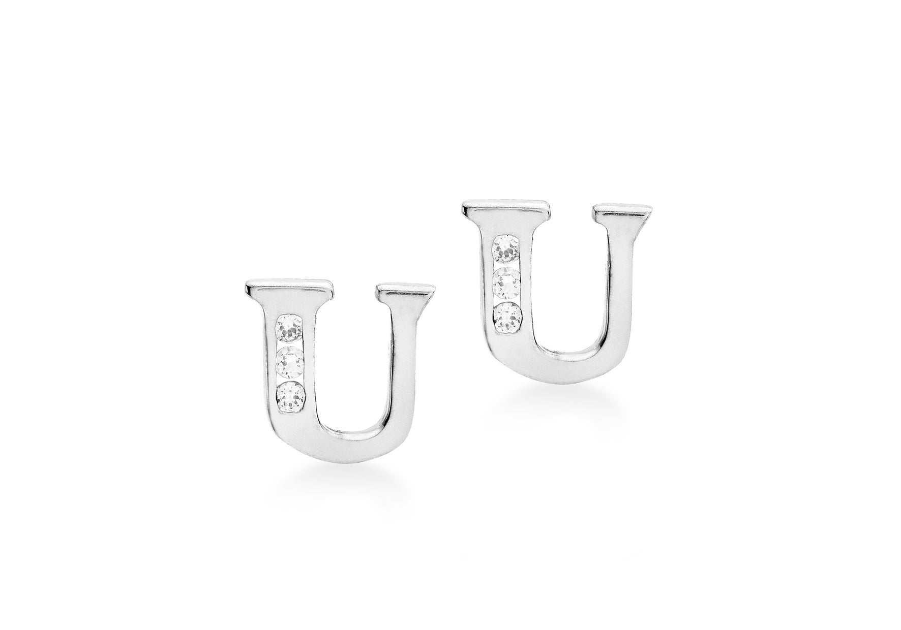 9ct White Gold Zirconia 7mm x 7mm 'U' Initial Stud Earrings