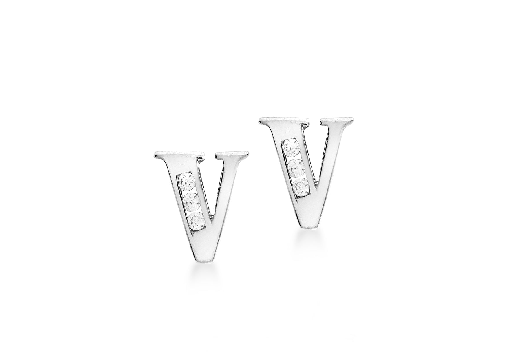 9ct White Gold Zirconia 6mm x 7mm 'V' Initial Stud Earrings