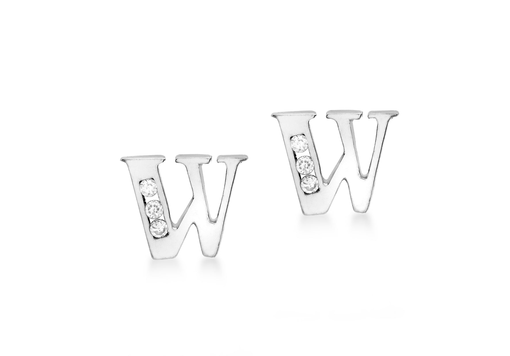 9ct White Gold Zirconia 8mm x 7mm 'W' Initial Stud Earrings
