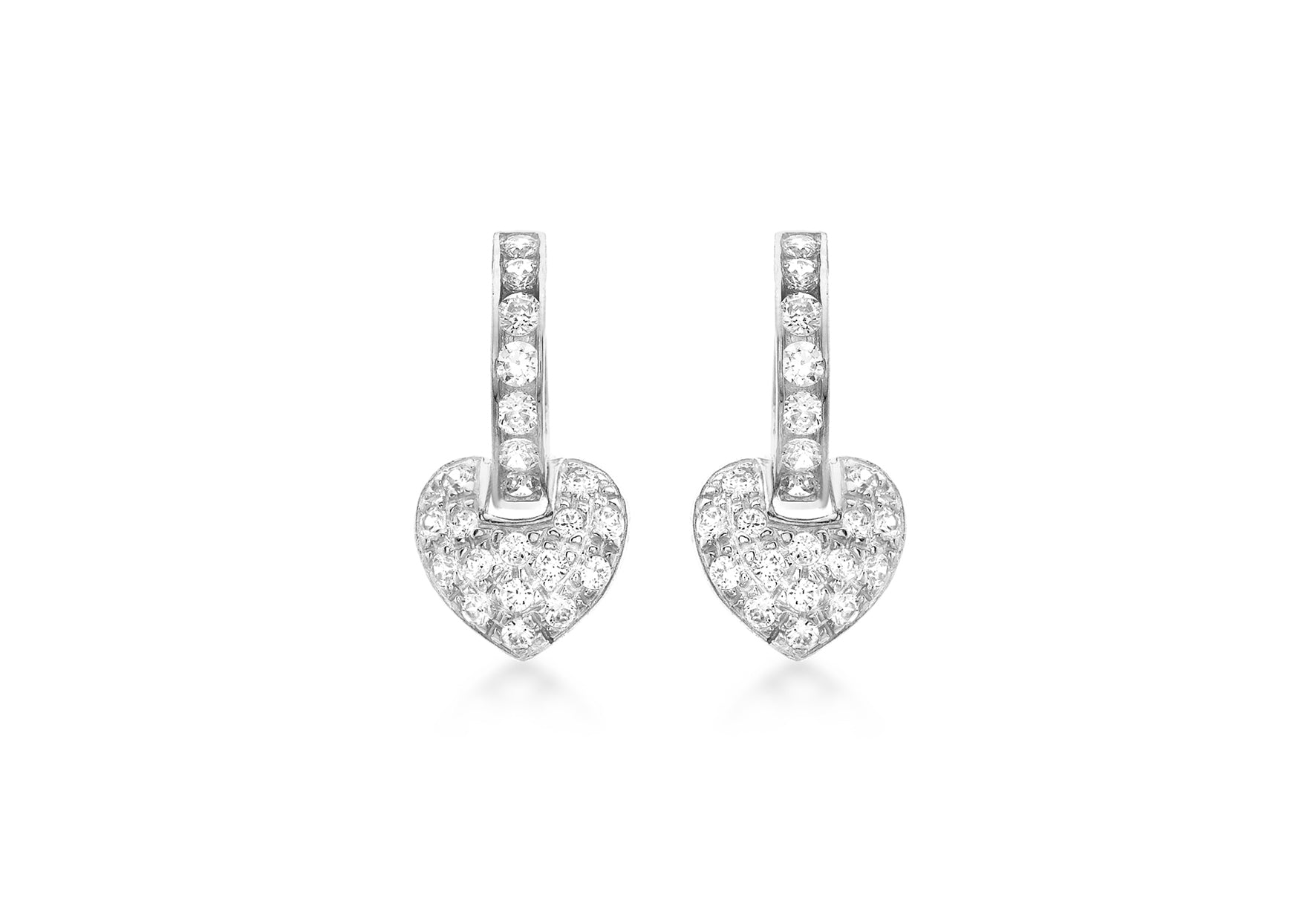9ct White Gold Zirconia Hoop with Pave Heart Drop Earrings