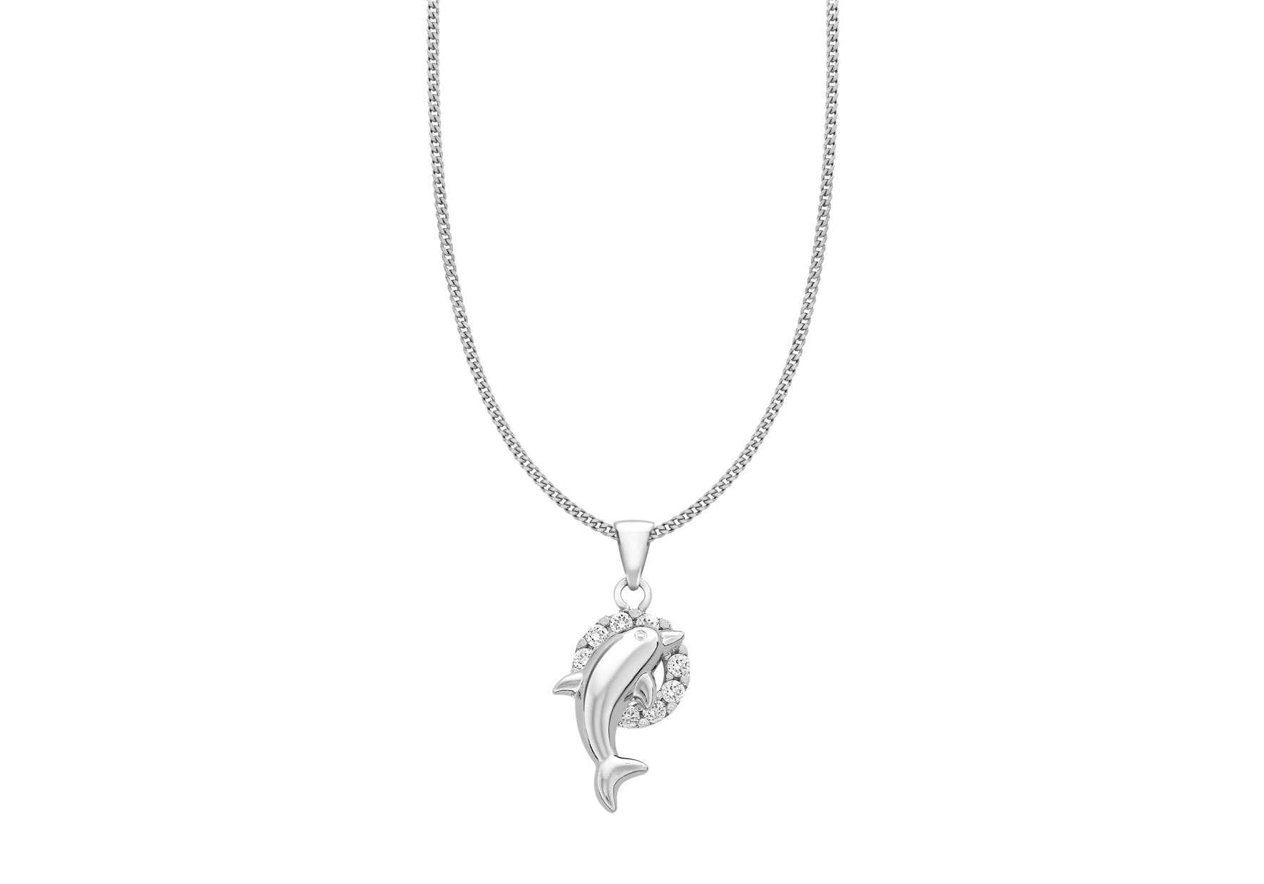 9ct White Gold Zirconia Dolphin & Hoop Pendant
