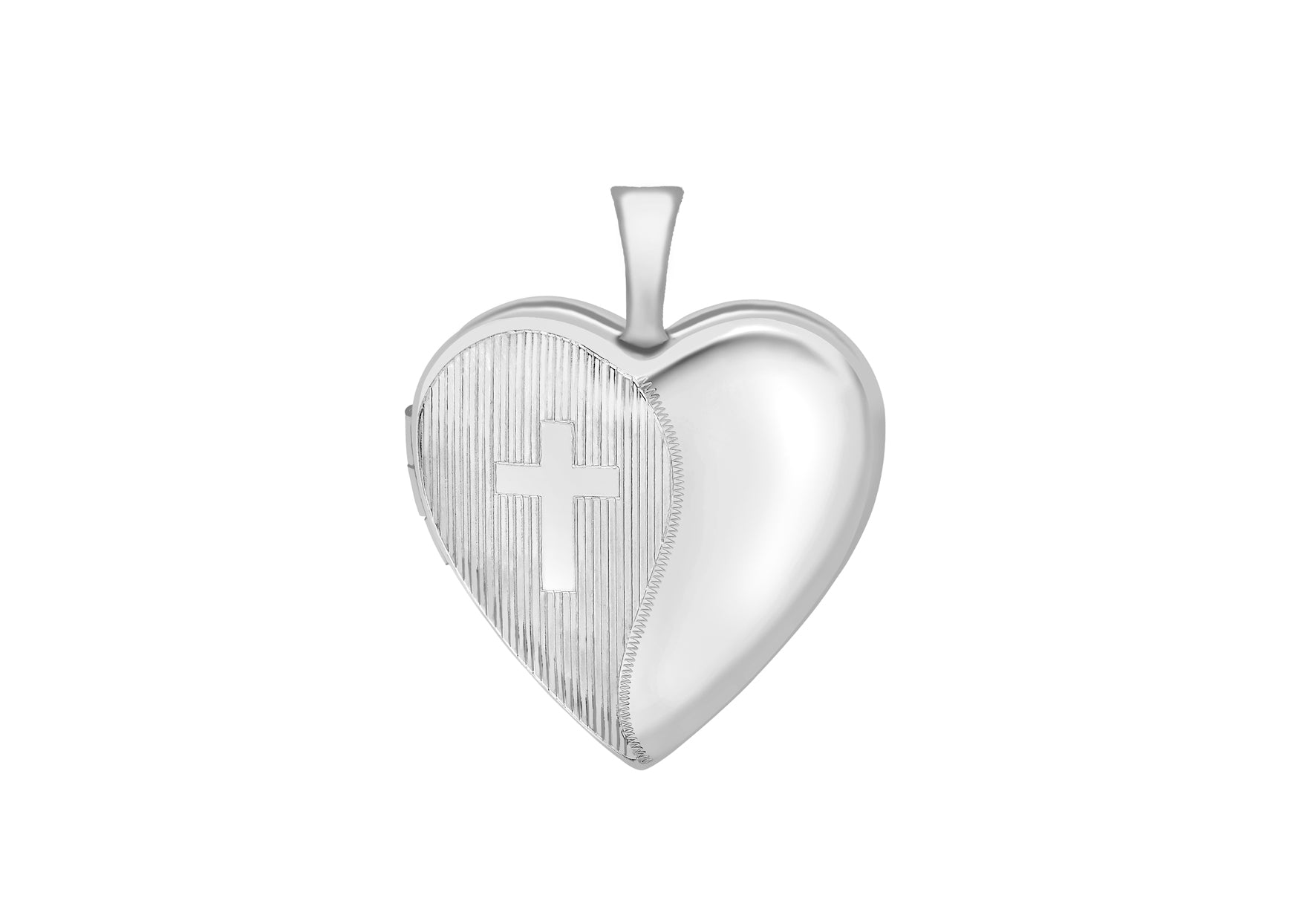 9ct White Gold Etched Cross Detail Heart Locket