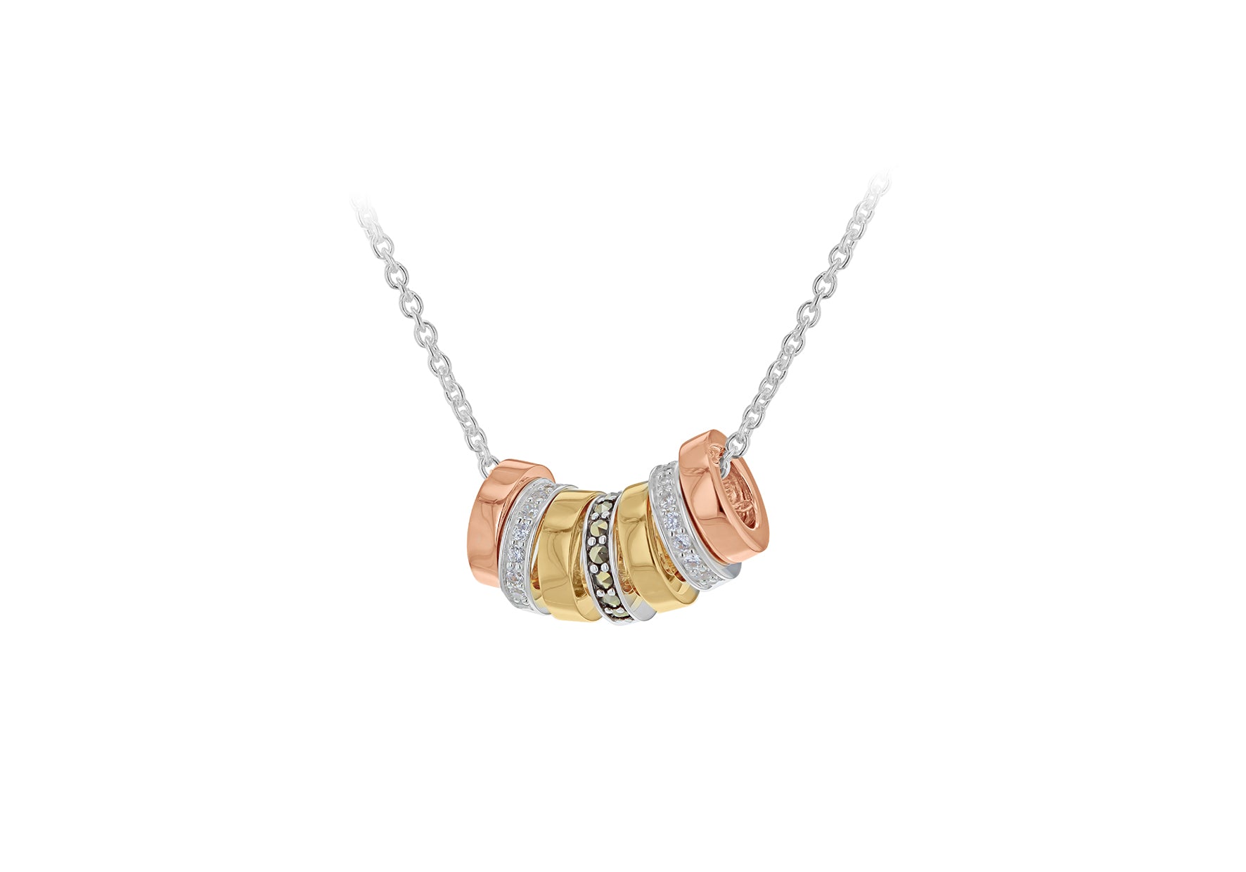 Sterling Silver 3-Colour Zirconia and Marasite Luky Rings Necklace 46m/189