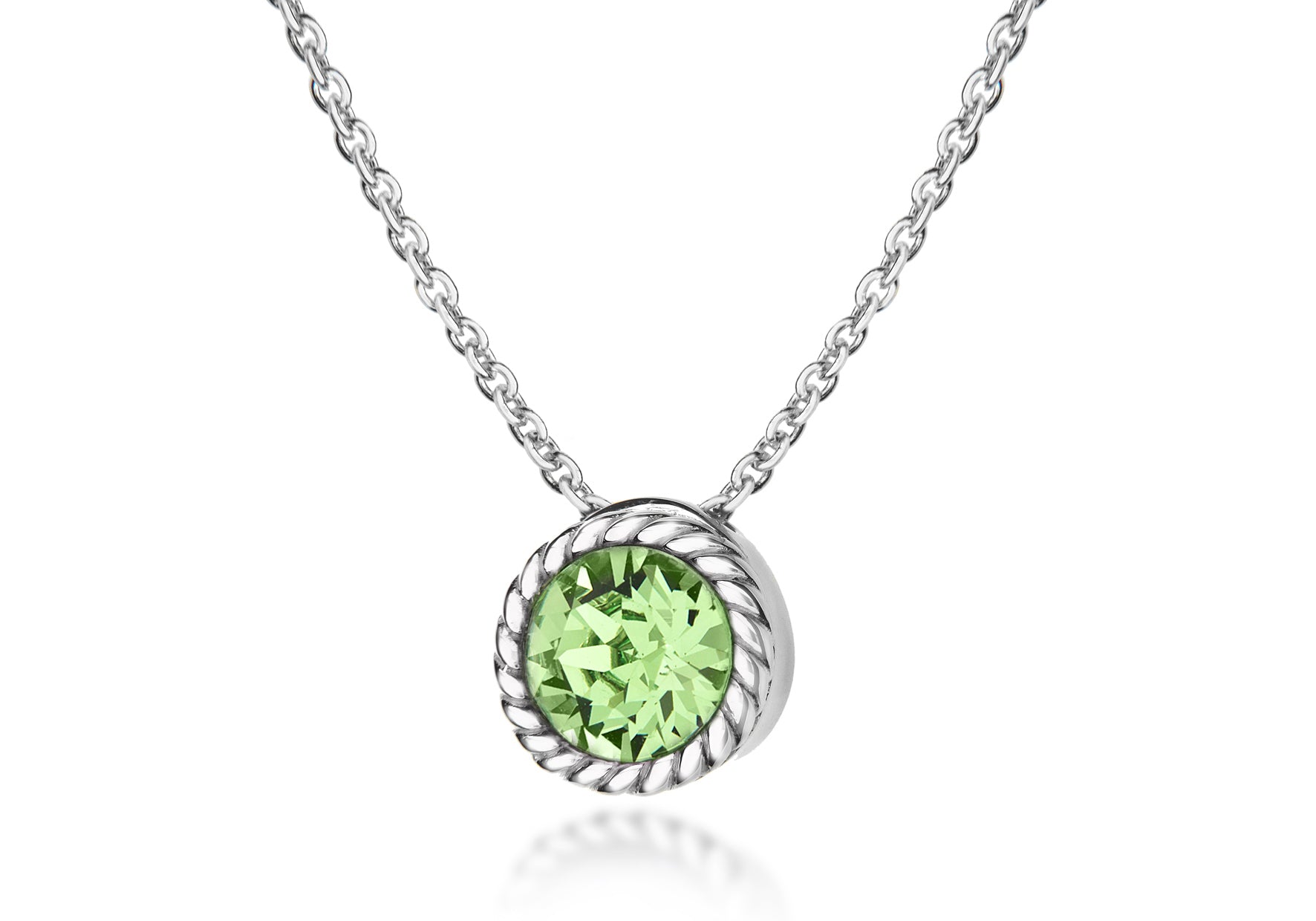 Sterling Silver Light Green Swarovski Crystal August Birthstone Necklace 46m/18"9