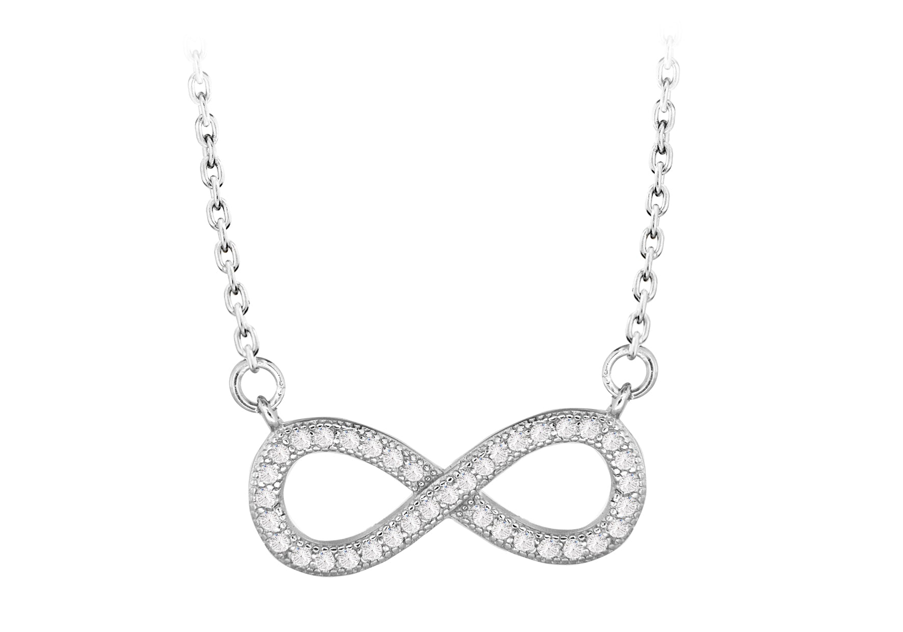 Sterling Silver Rhodium Plated Zirconia 20mm x 9mm Infinity Adjustable Necklace 42m/16.5"-44.5m/17.5"9