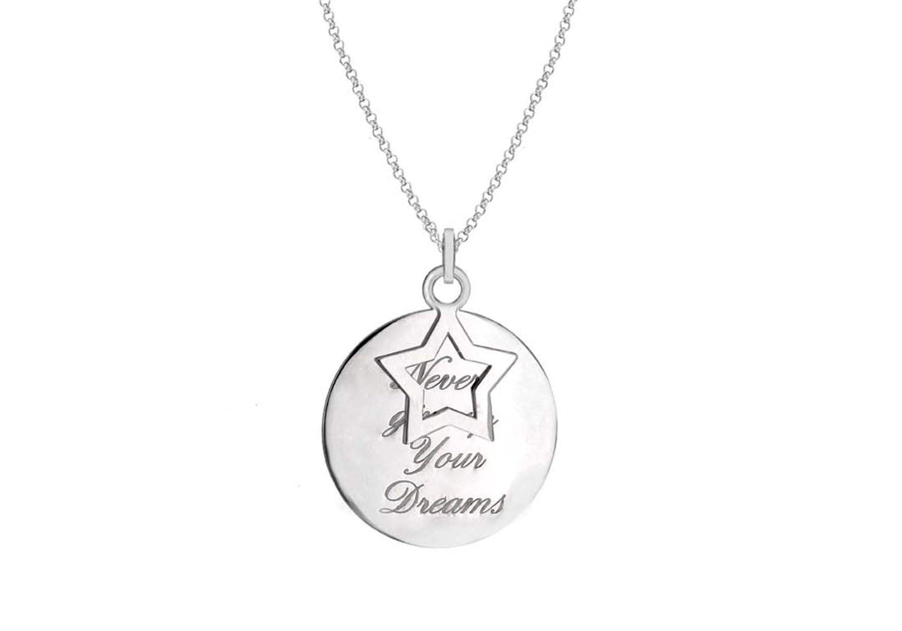 Sterling Silver 'Never Give Up on Your Dreams' CutoCut-Star and Disc Pendant on Chain Necklace 46m/18"9